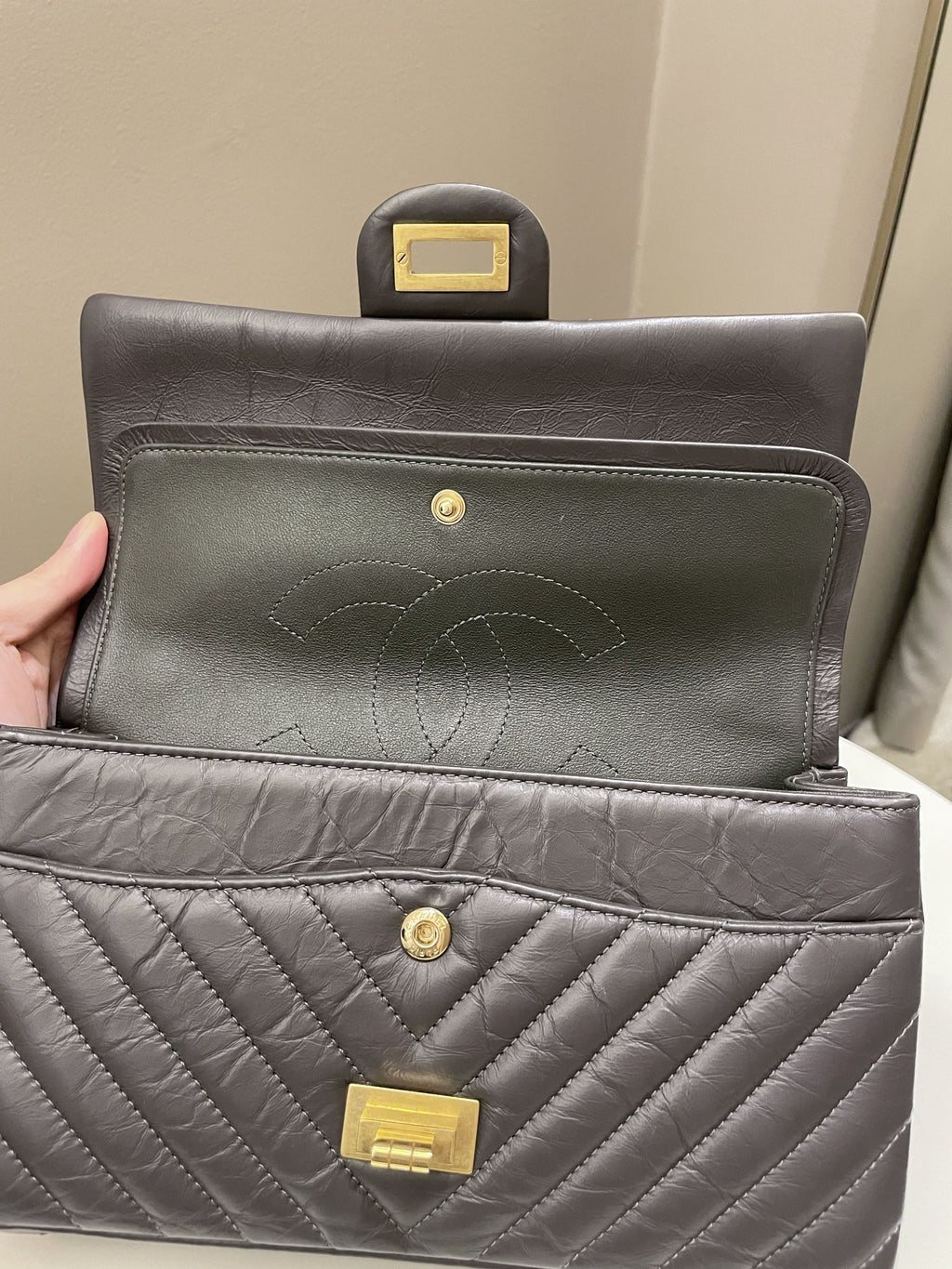 Chanel 2.55 225 Chevron Reissue Double Flap Dark Grey Aged Calfskin