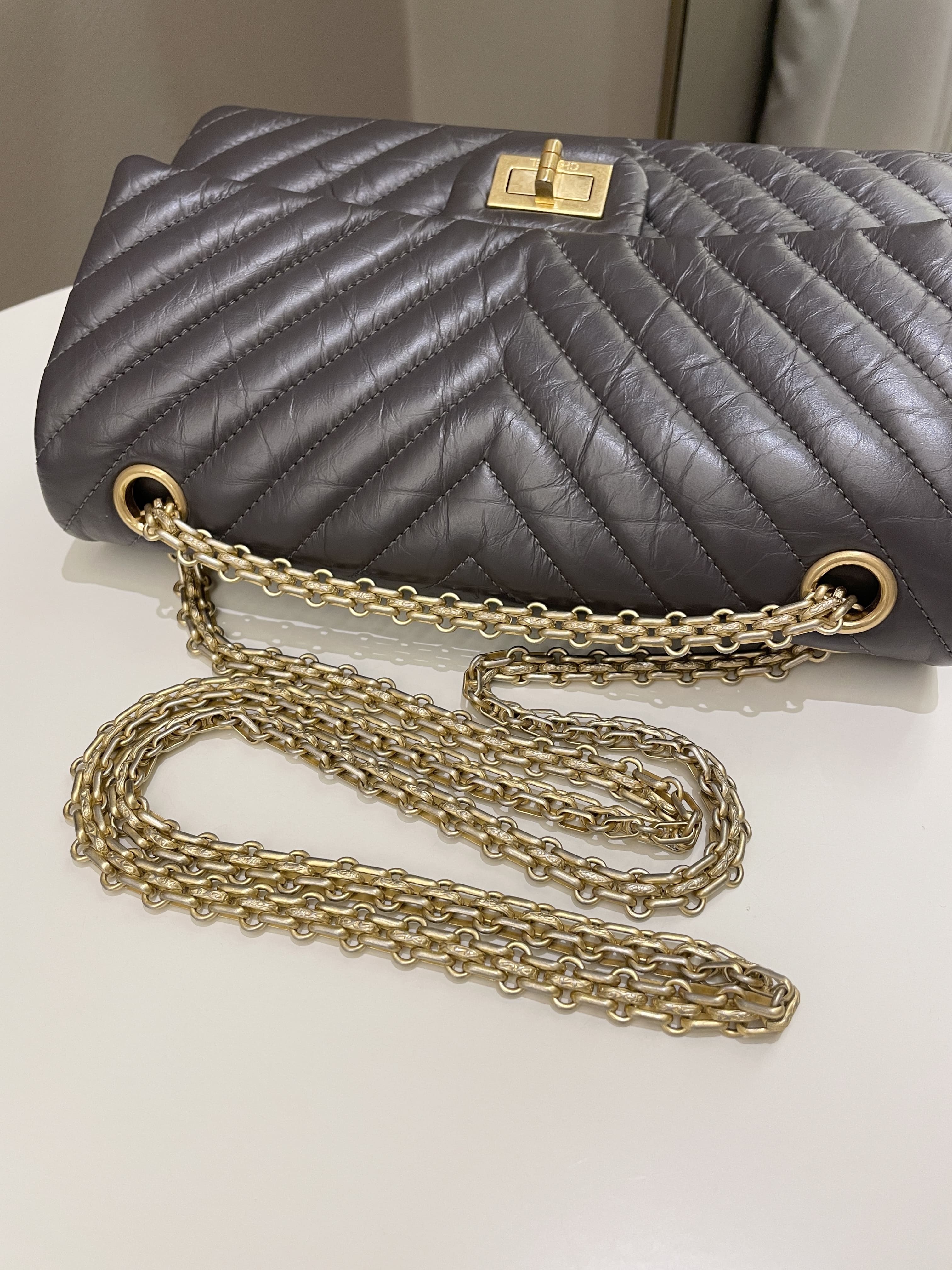 Chanel 2.55 225 Chevron Reissue Double Flap Dark Grey Aged Calfskin