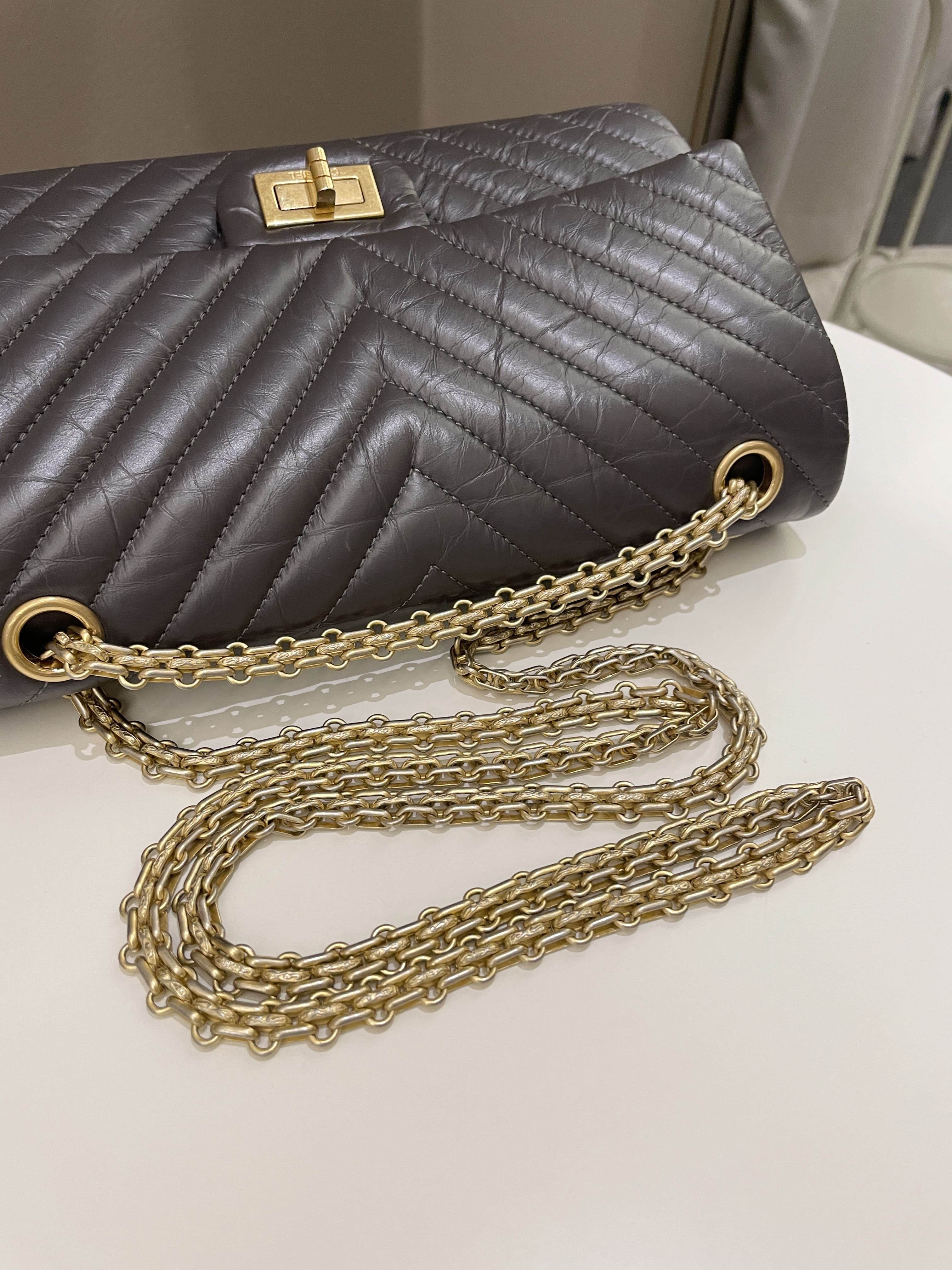 Chanel 2.55 225 Chevron Reissue Double Flap Dark Grey Aged Calfskin