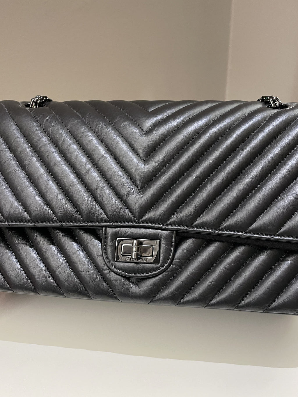 Chanel 2.55 226 So Black Chevron Reissue Double Flap Black Aged Calfskin