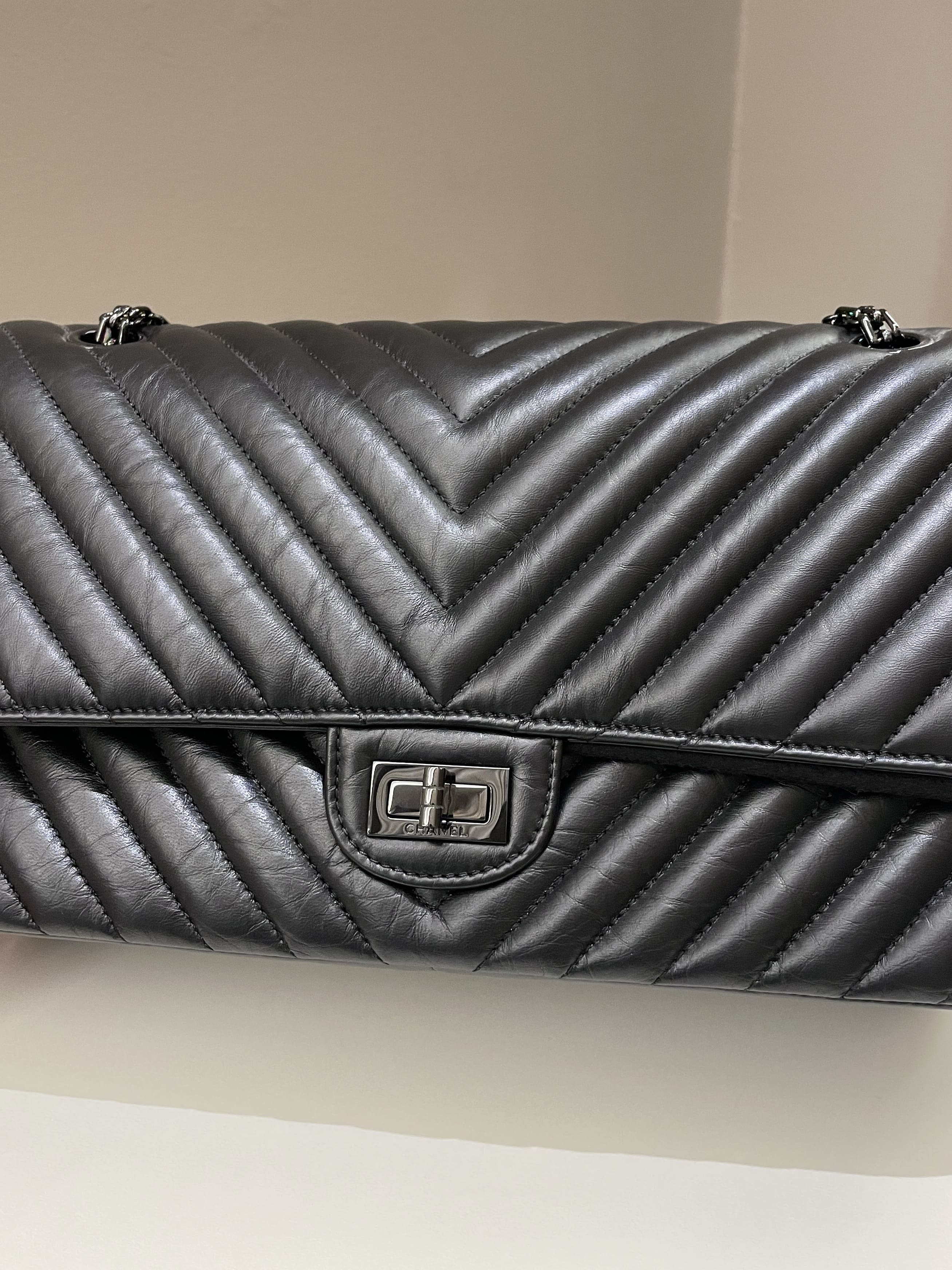 Chanel 2.55 226 So Black Chevron Reissue Double Flap Black Aged Calfskin