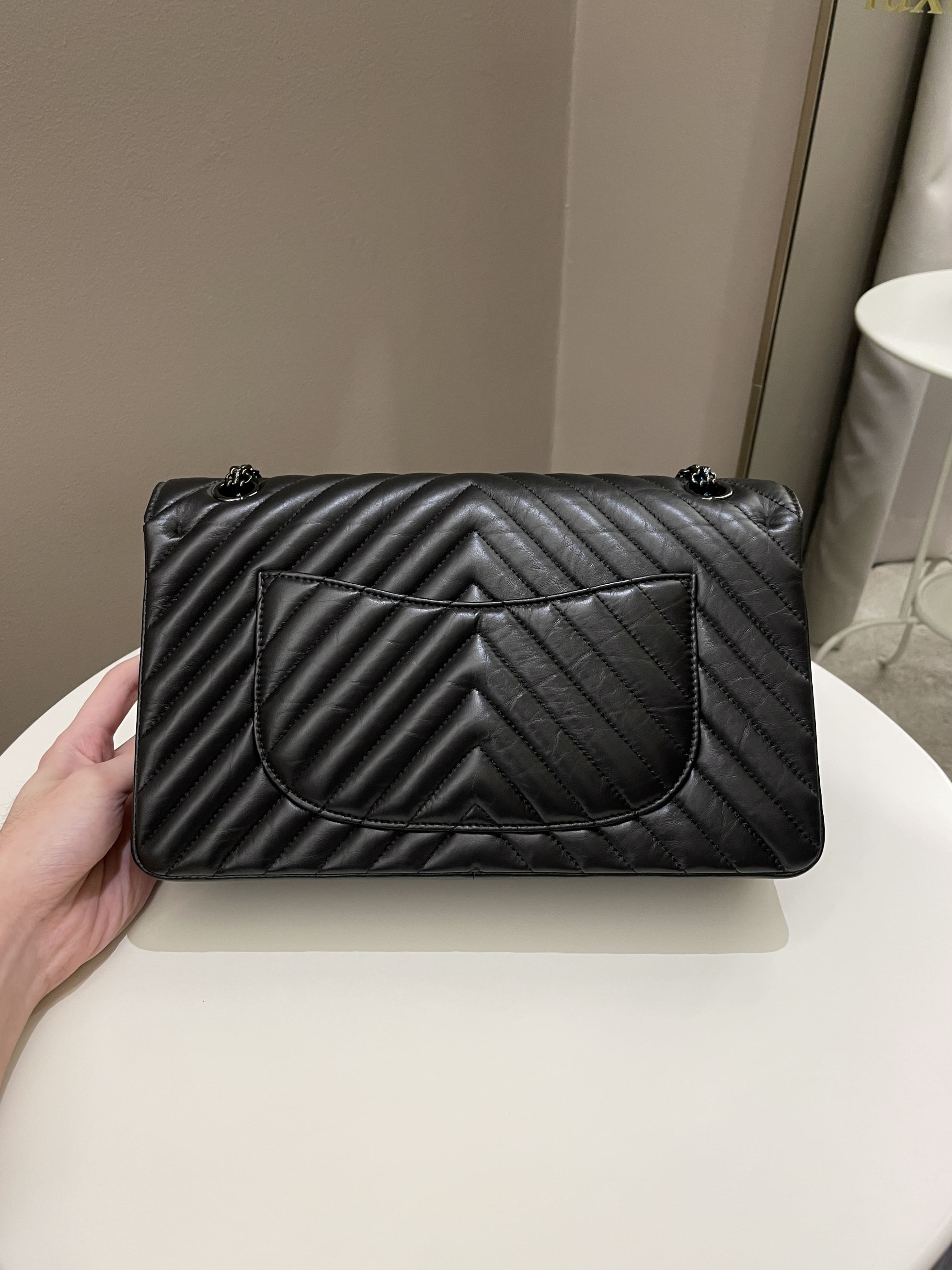 Chanel 2.55 226 So Black Chevron Reissue Double Flap Black Aged Calfskin
