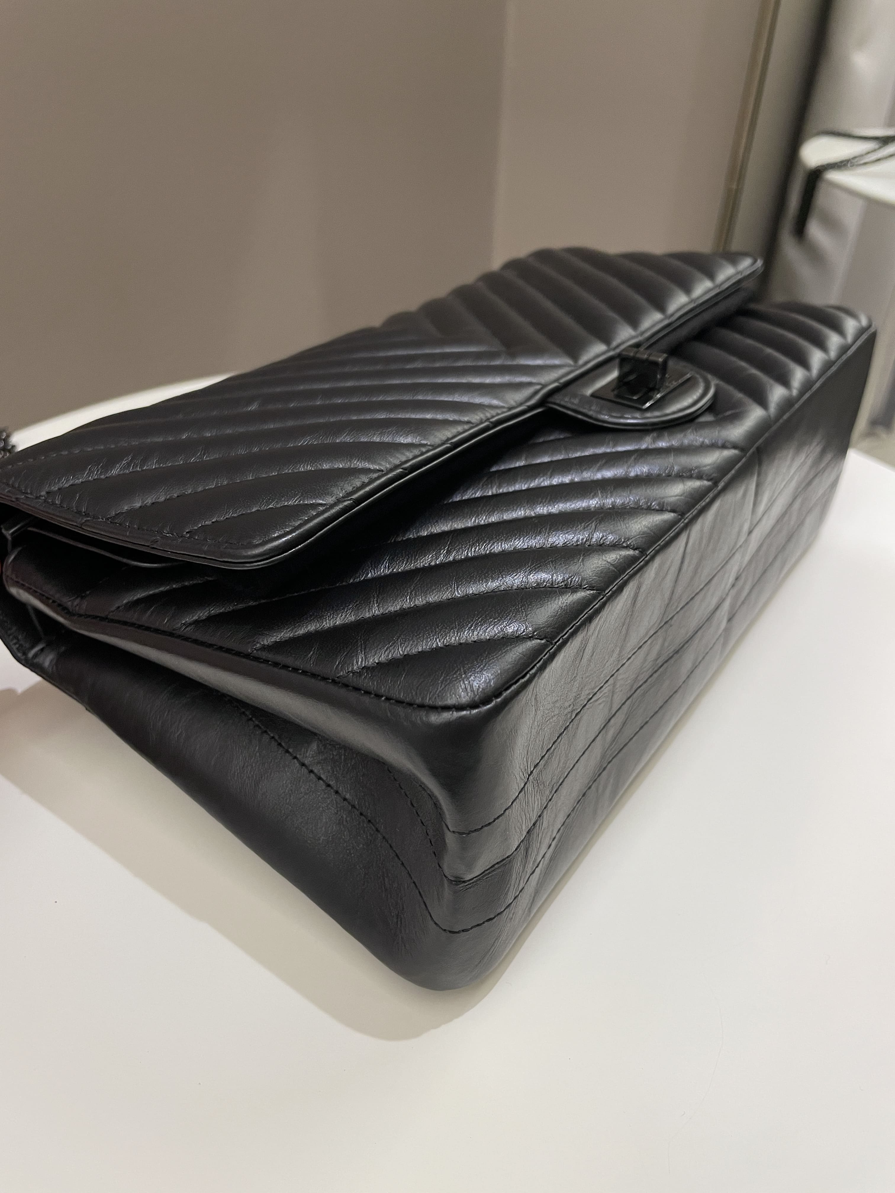 Chanel 2.55 226 So Black Chevron Reissue Double Flap Black Aged Calfskin
