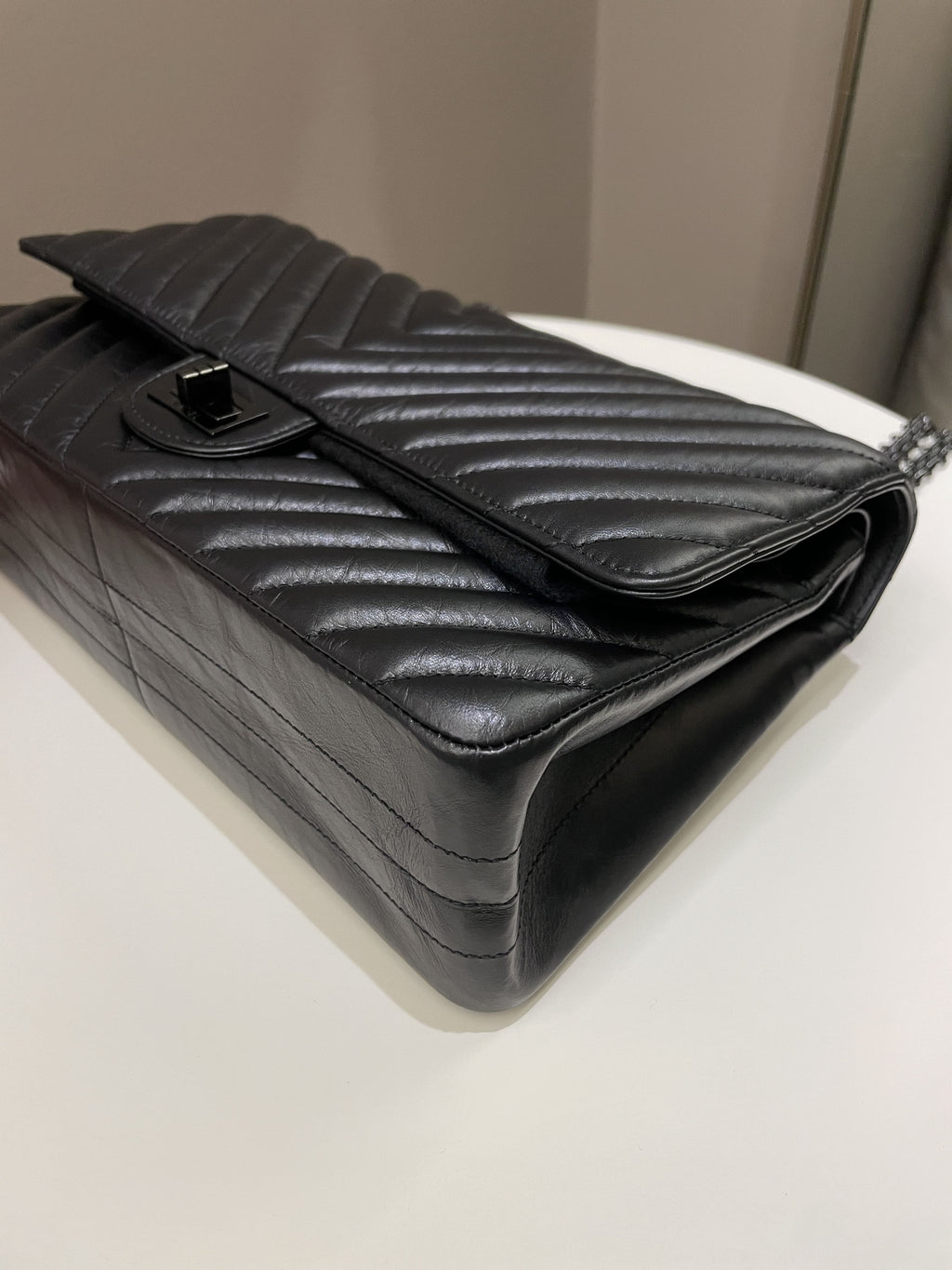 Chanel 2.55 226 So Black Chevron Reissue Double Flap Black Aged Calfskin