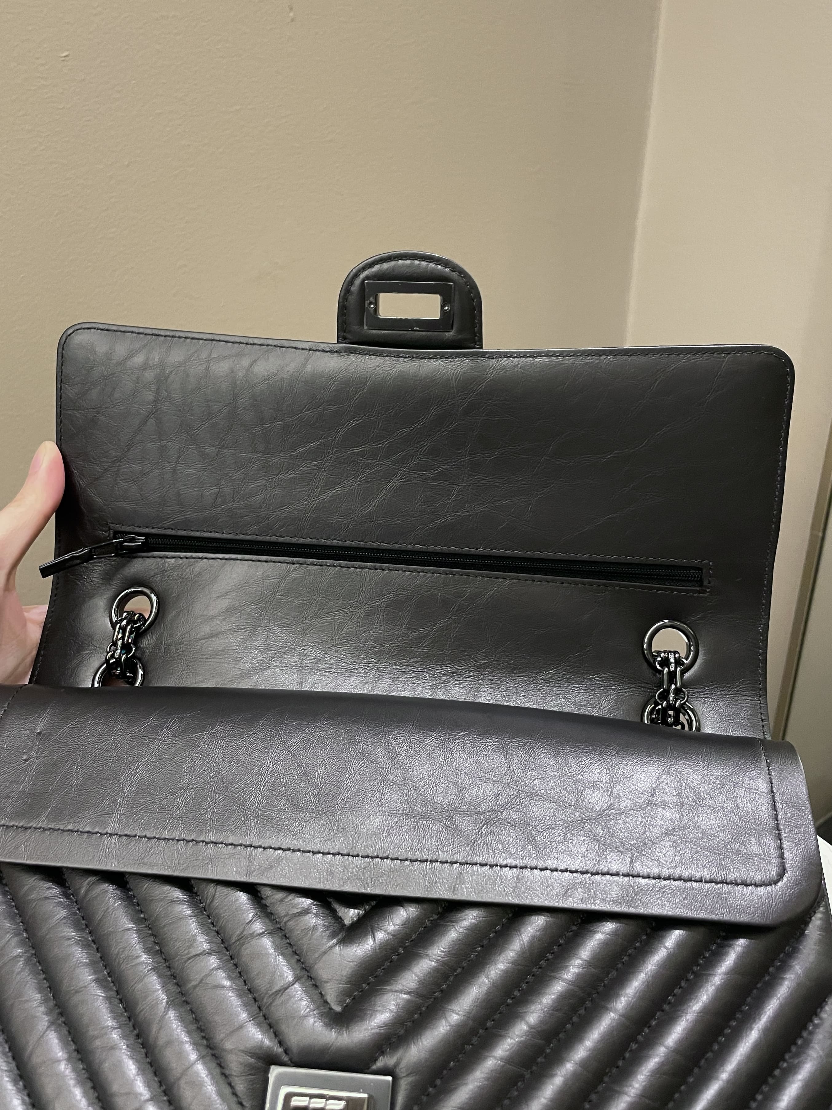 Chanel 2.55 226 So Black Chevron Reissue Double Flap Black Aged Calfskin
