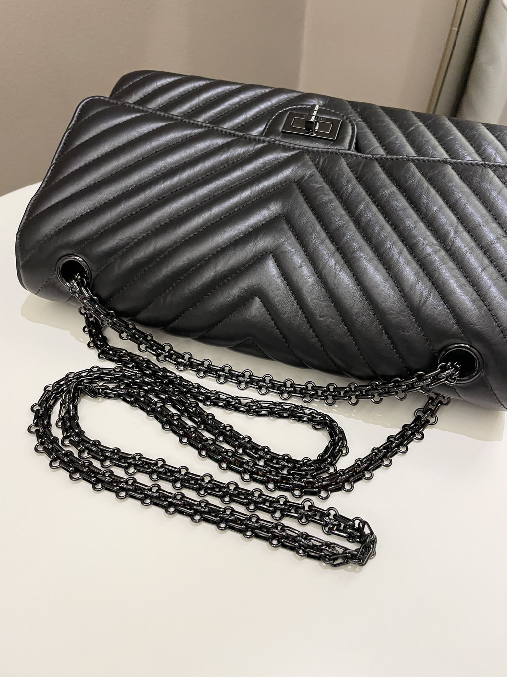 Chanel 2.55 226 So Black Chevron Reissue Double Flap Black Aged Calfskin