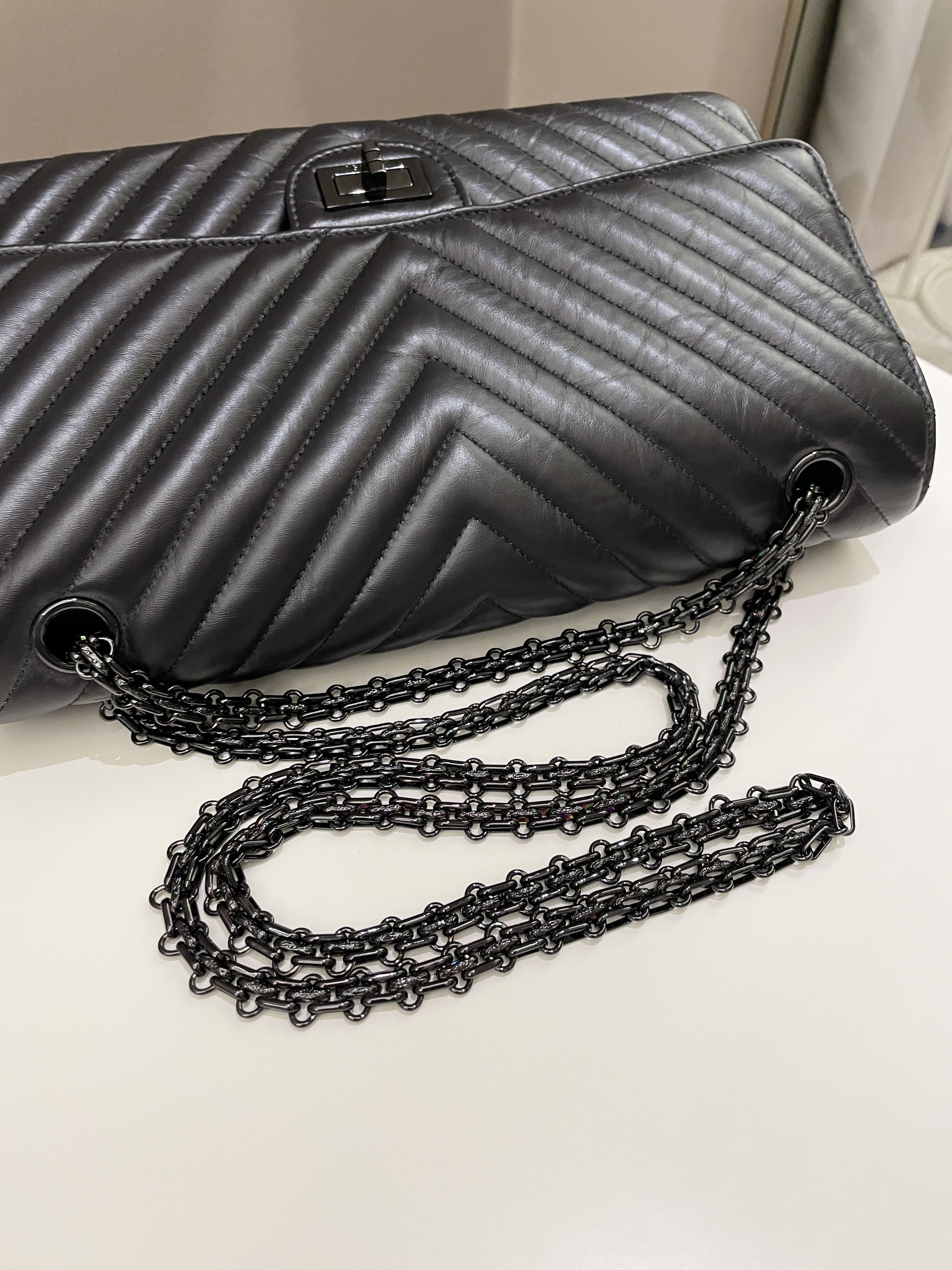 Chanel 2.55 226 So Black Chevron Reissue Double Flap Black Aged Calfskin