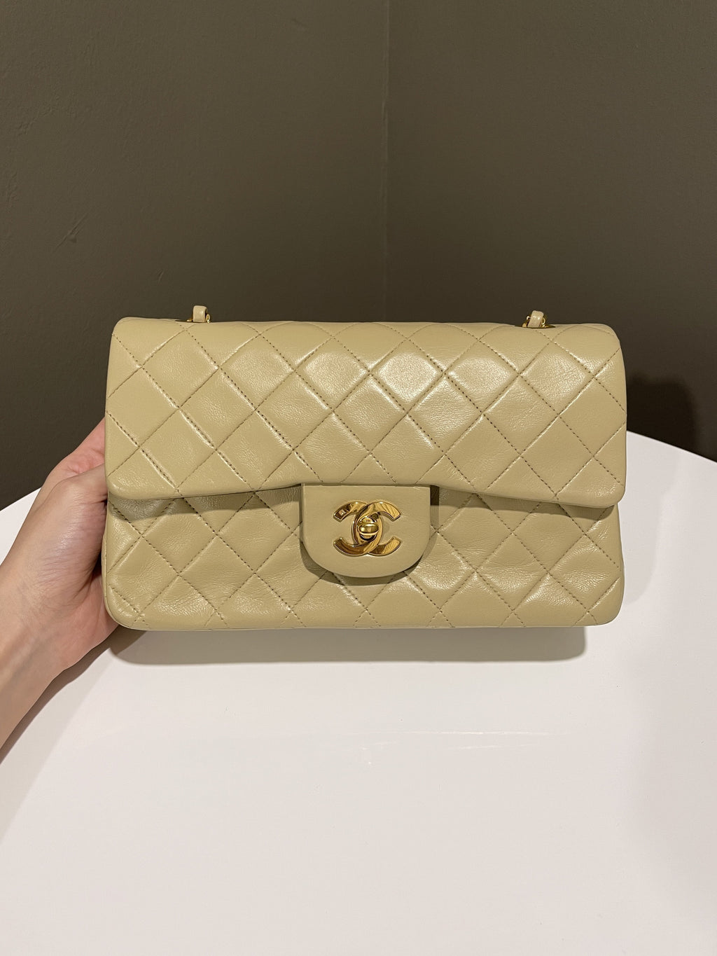 Chanel Vintage Classic Quilted Small Double Flap Beige Lambskin
