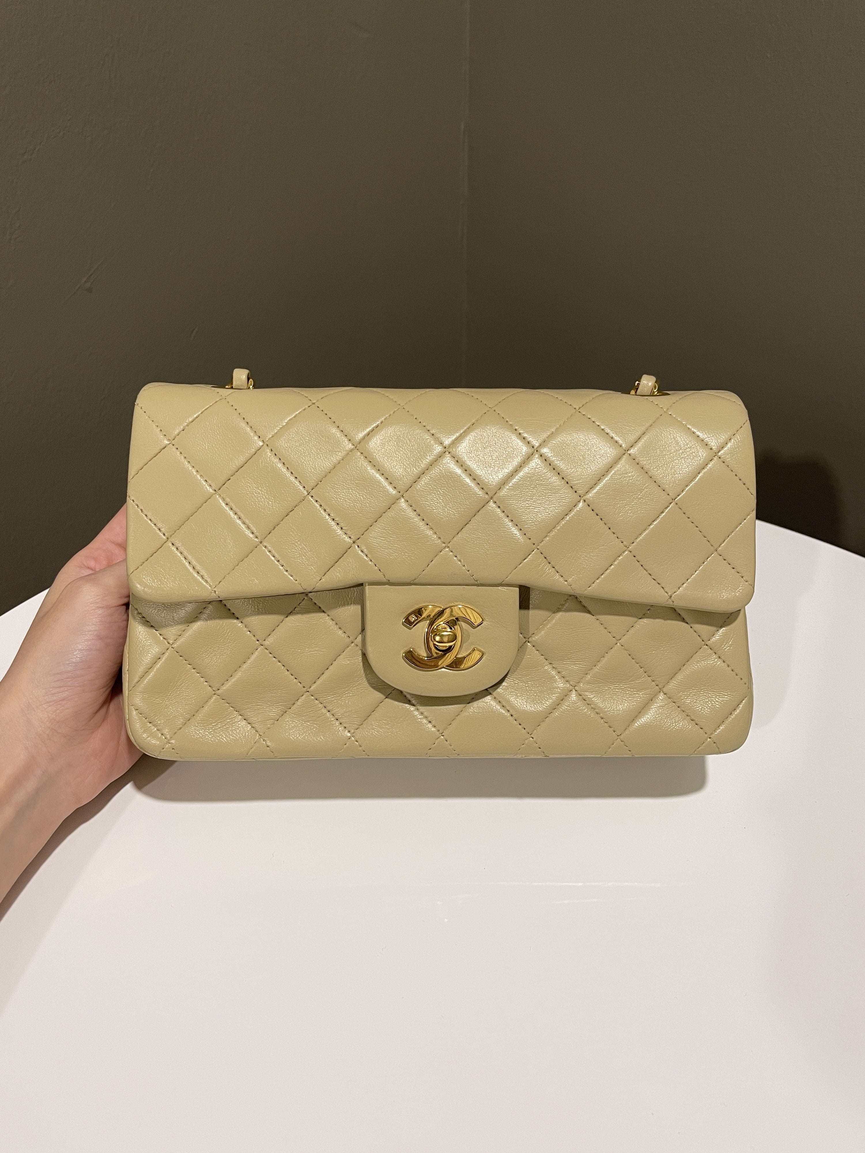 Chanel Vintage Classic Quilted Small Double Flap Beige Lambskin