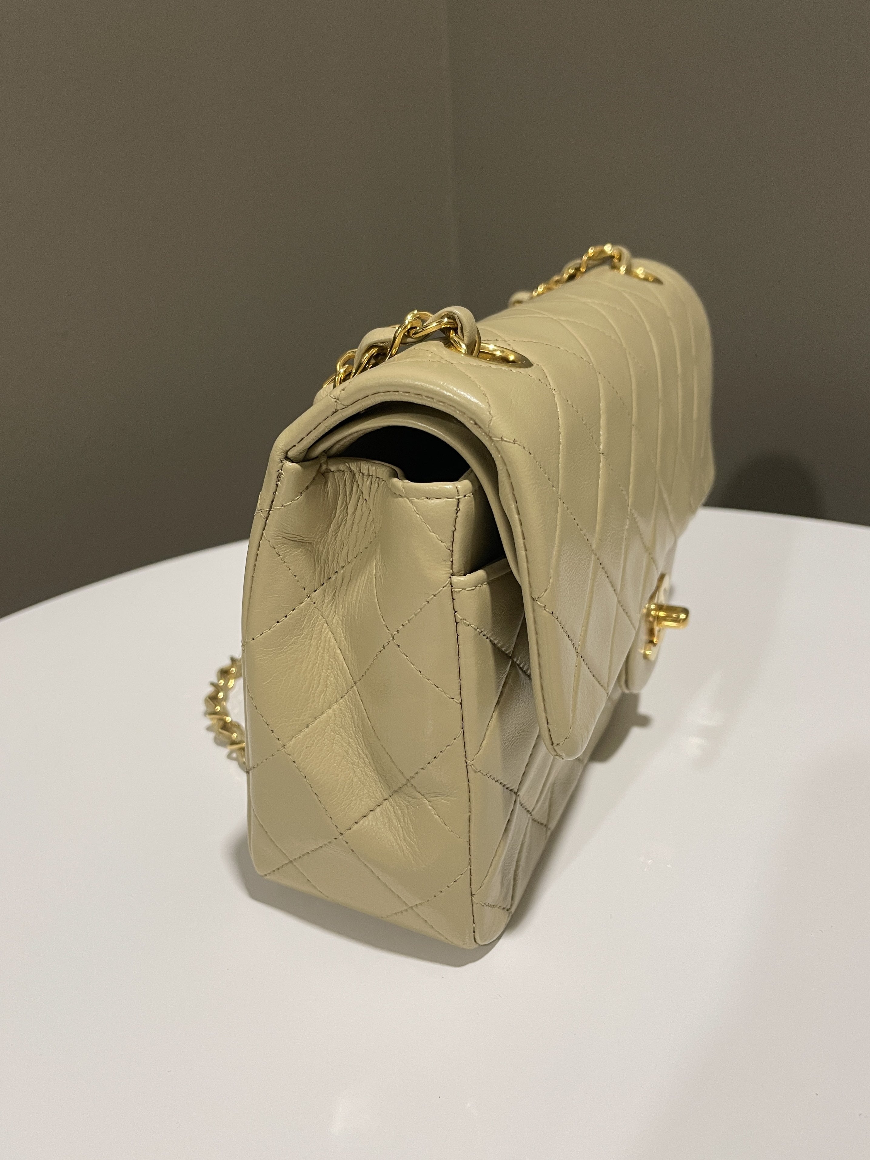 Chanel Vintage Classic Quilted Small Double Flap Beige Lambskin