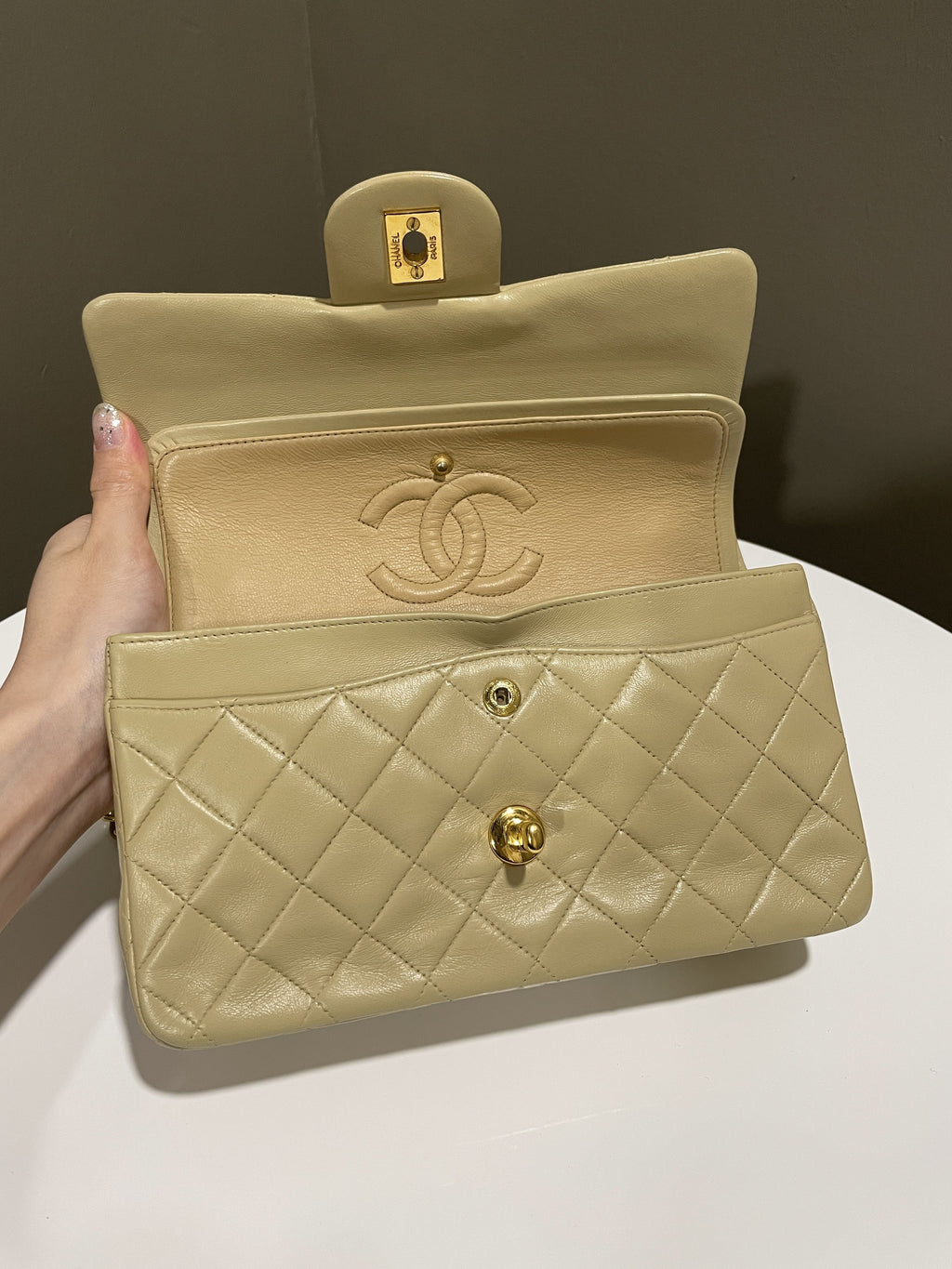 Chanel Vintage Classic Quilted Small Double Flap Beige Lambskin