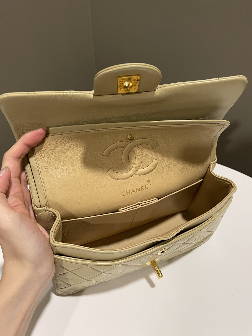 Chanel Vintage Classic Quilted Small Double Flap Beige Lambskin