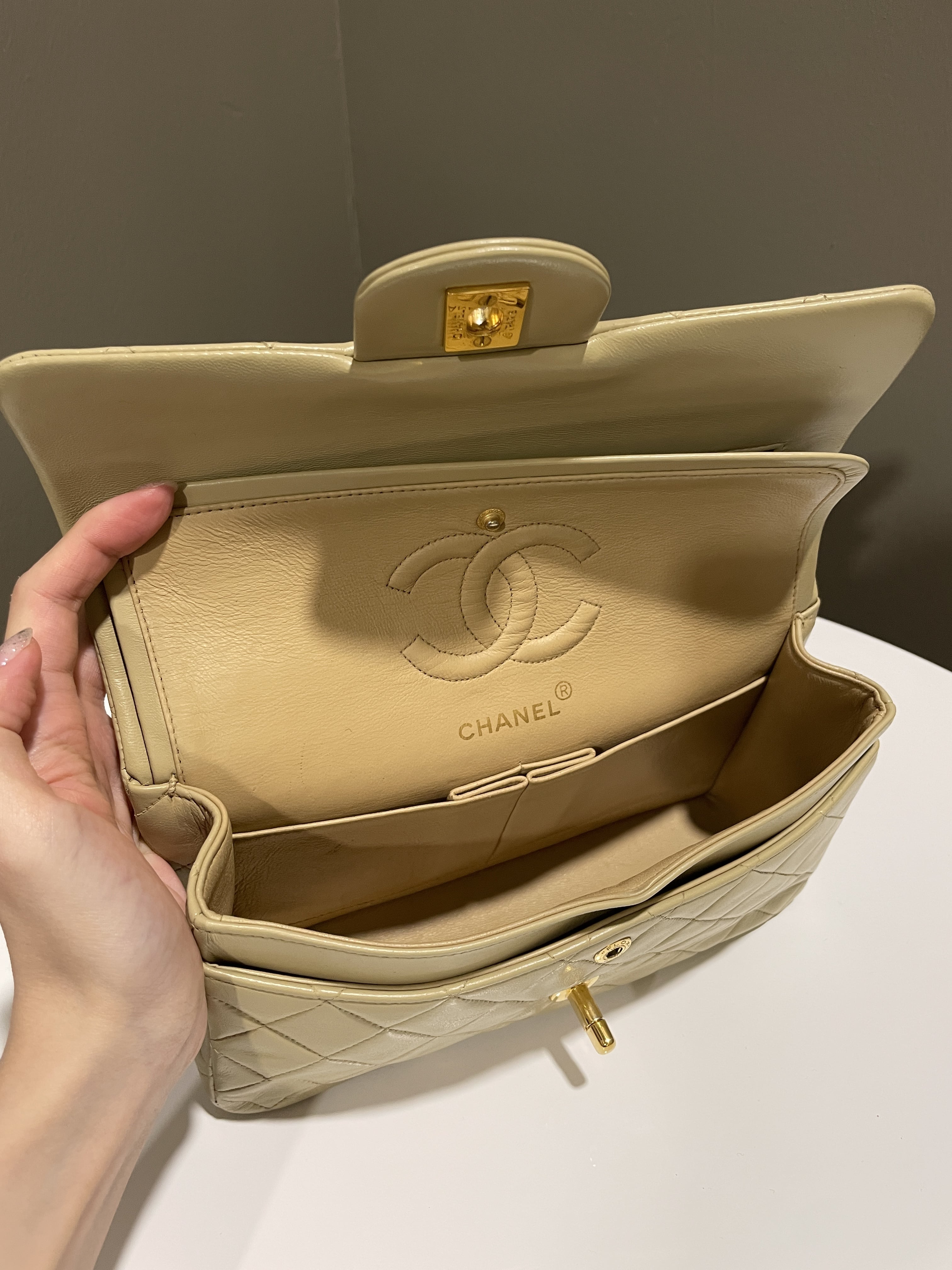 Chanel Vintage Classic Quilted Small Double Flap Beige Lambskin