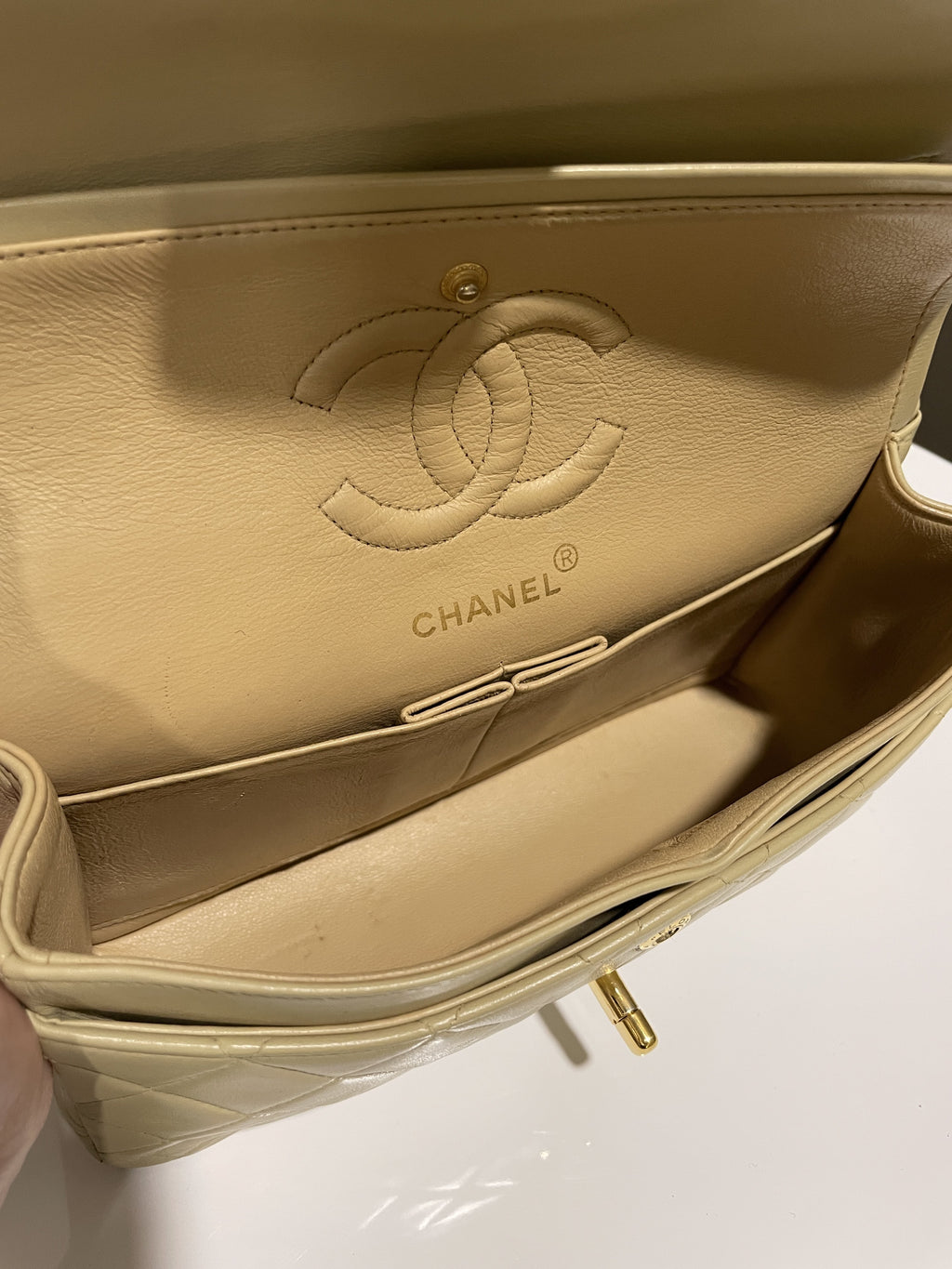 Chanel Vintage Classic Quilted Small Double Flap Beige Lambskin