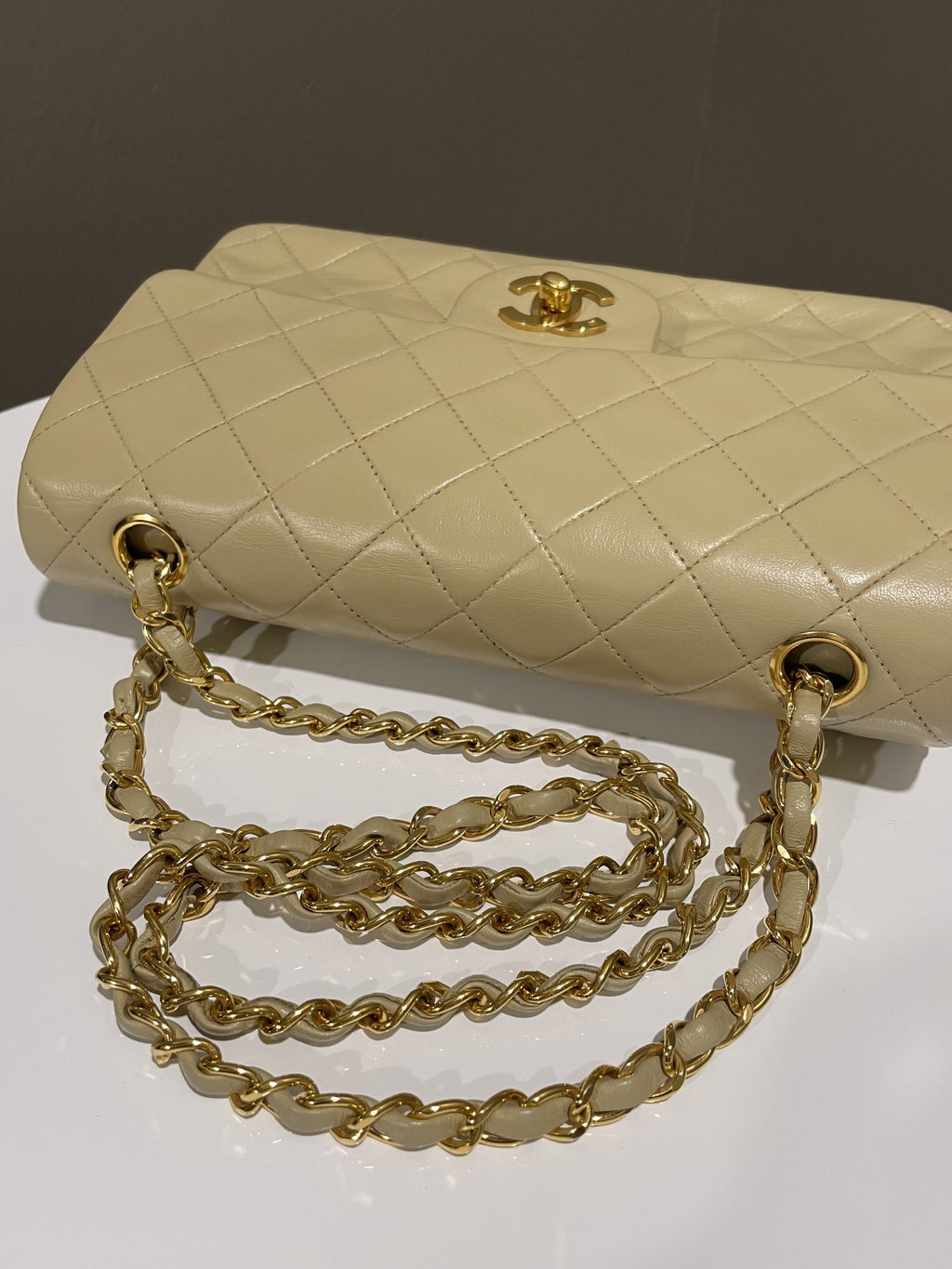 Chanel Vintage Classic Quilted Small Double Flap Beige Lambskin