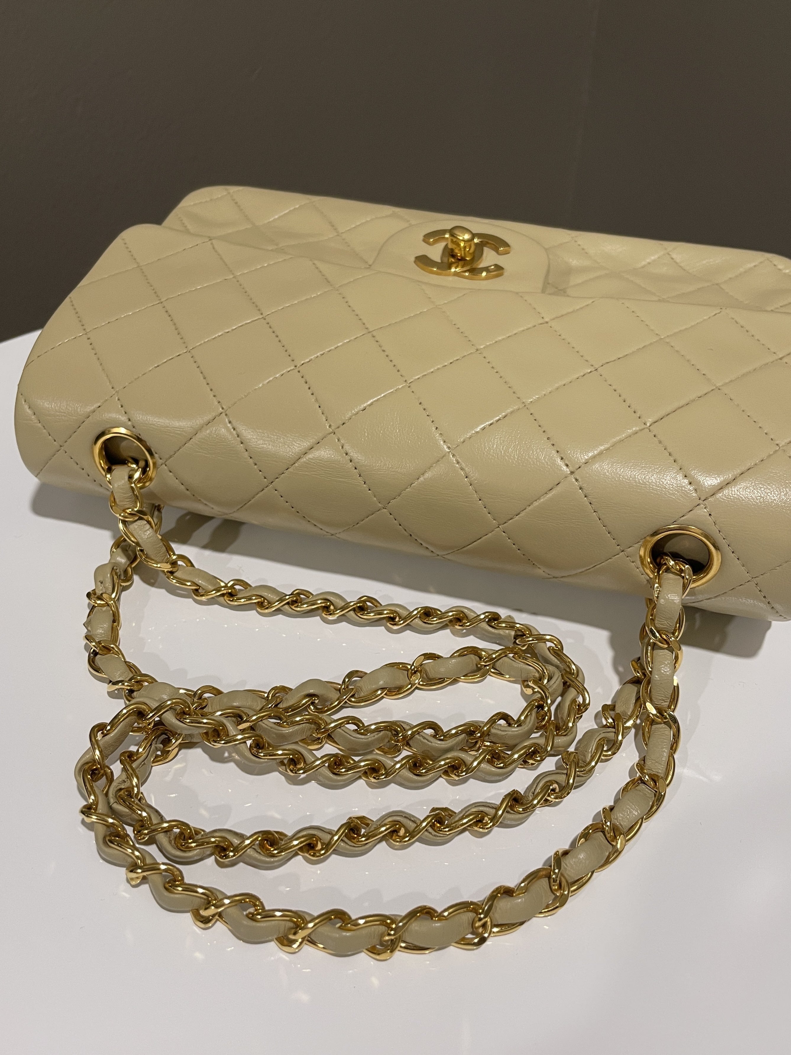 Chanel Vintage Classic Quilted Small Double Flap Beige Lambskin