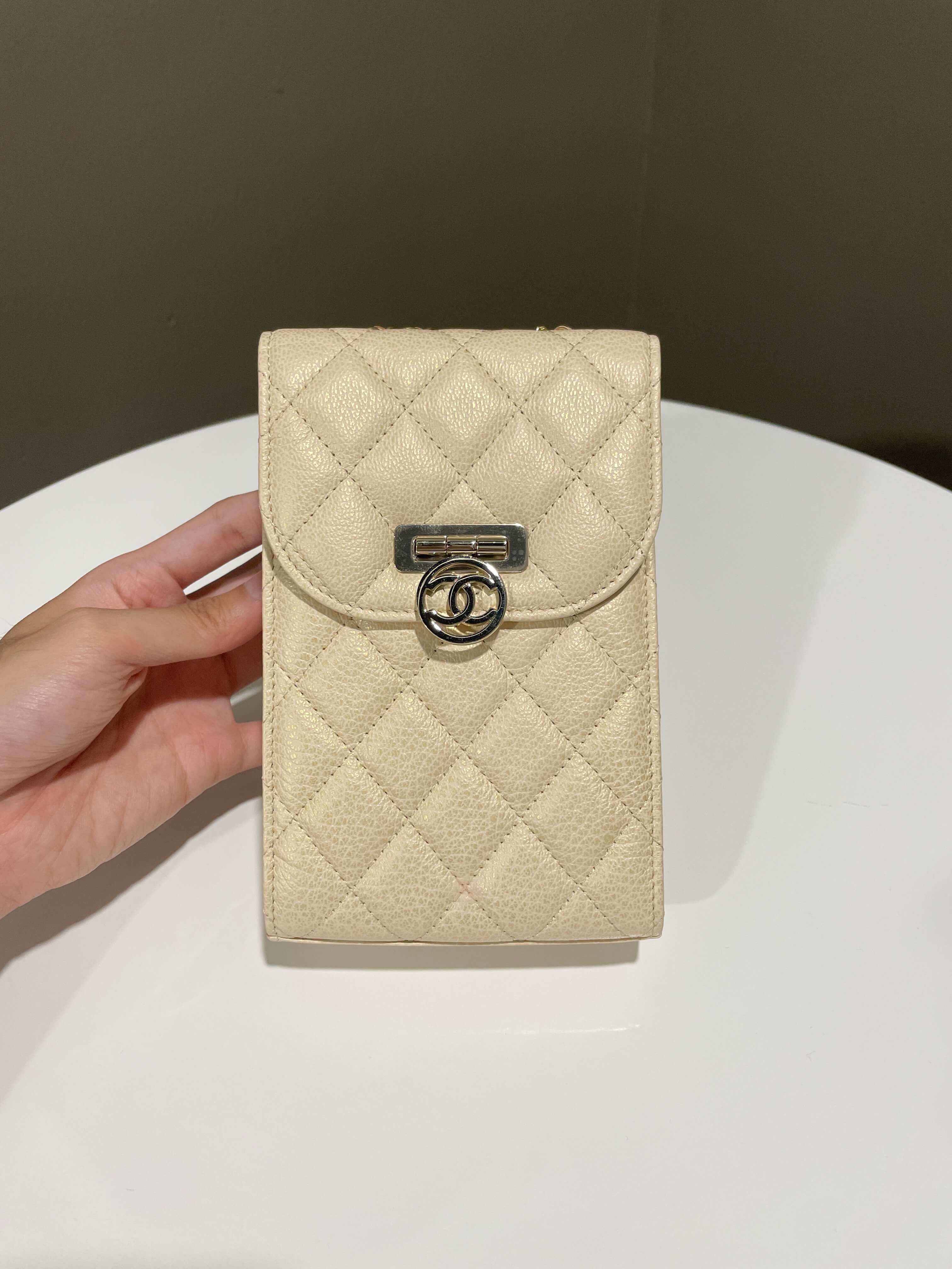 Chanel Quilted Cc Vertical Phone Clutch On Chain Iridescent Champagne Caviar