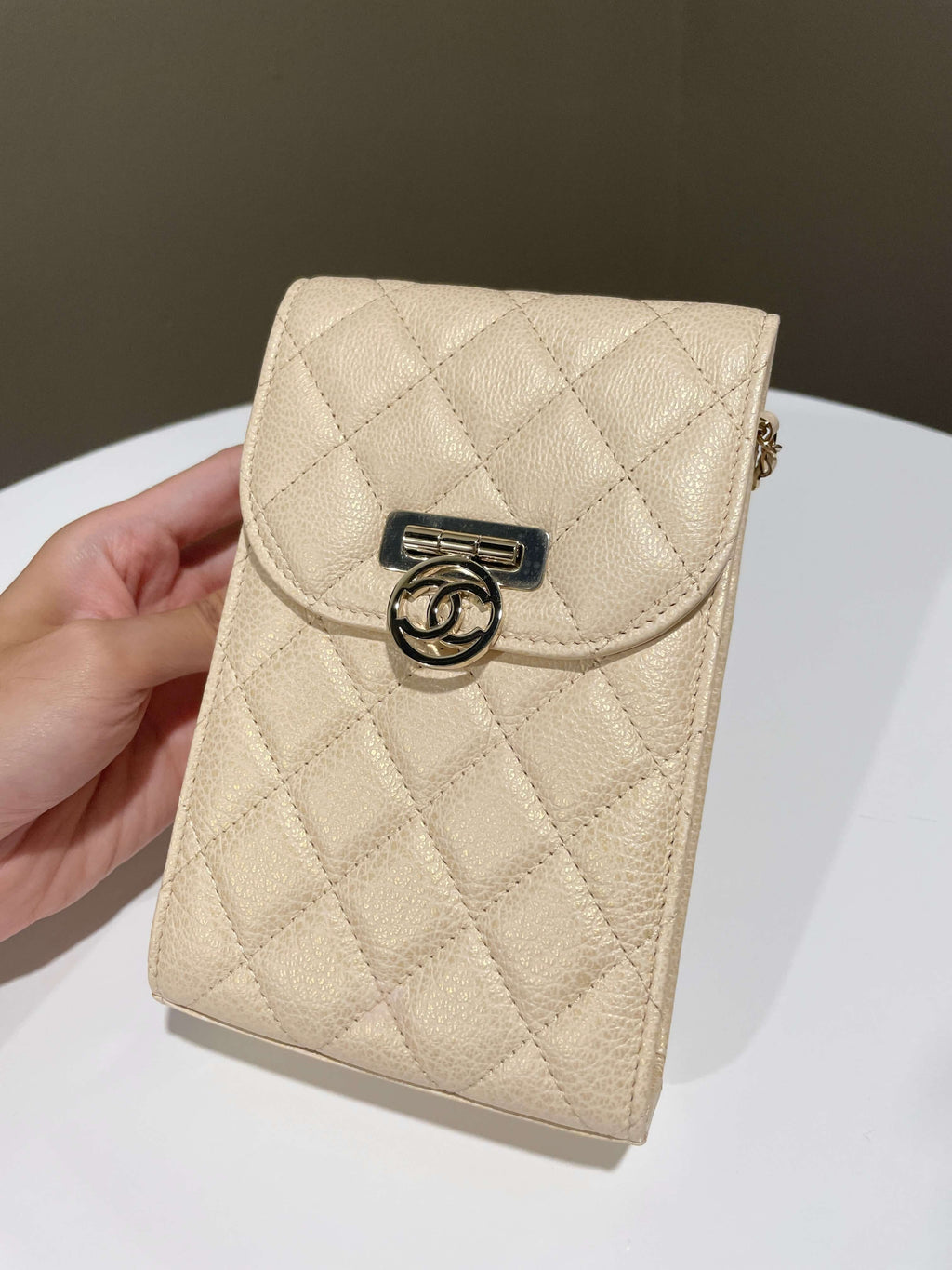 Chanel Quilted Cc Vertical Phone Clutch On Chain Iridescent Champagne Caviar
