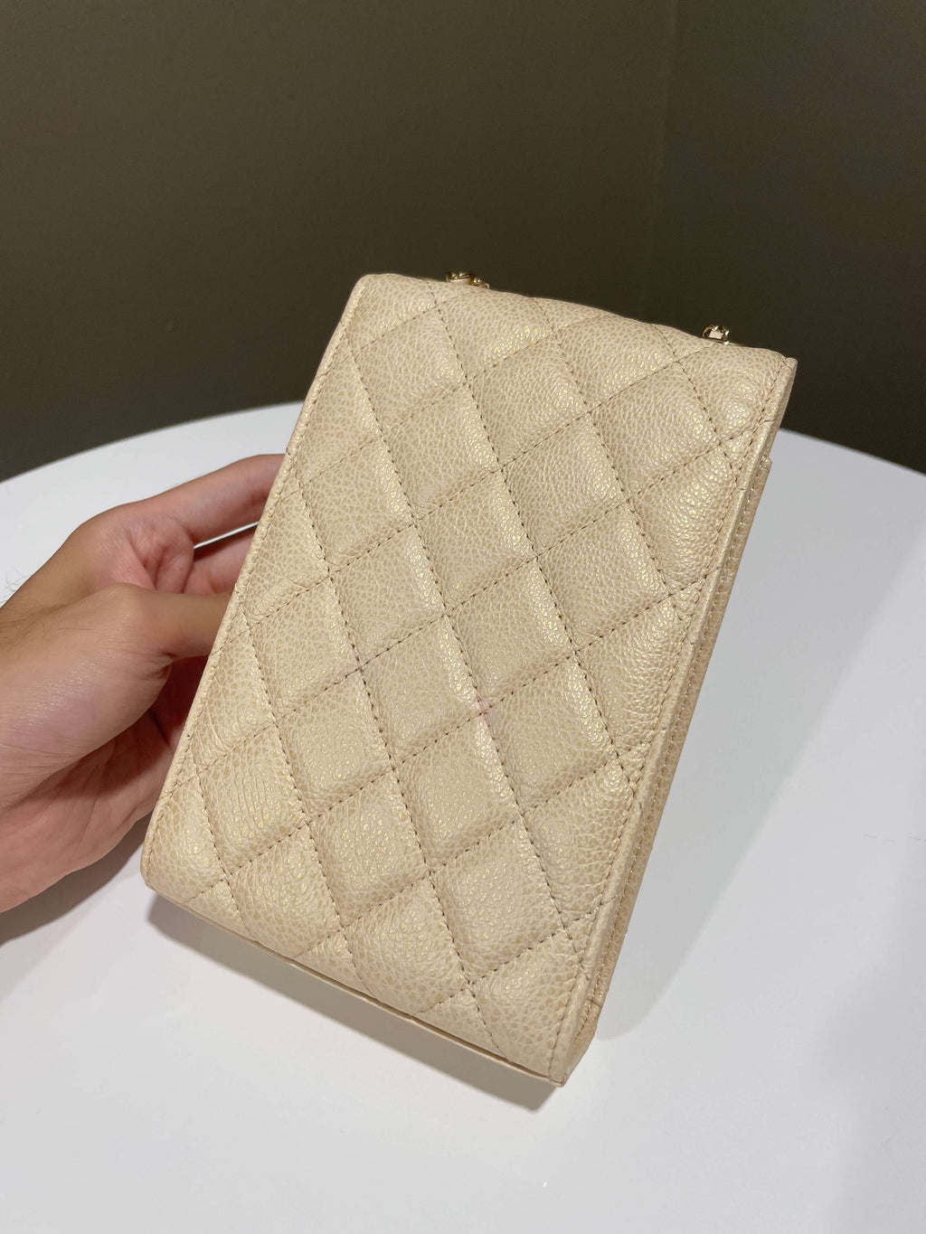 Chanel Quilted Cc Vertical Phone Clutch On Chain Iridescent Champagne Caviar