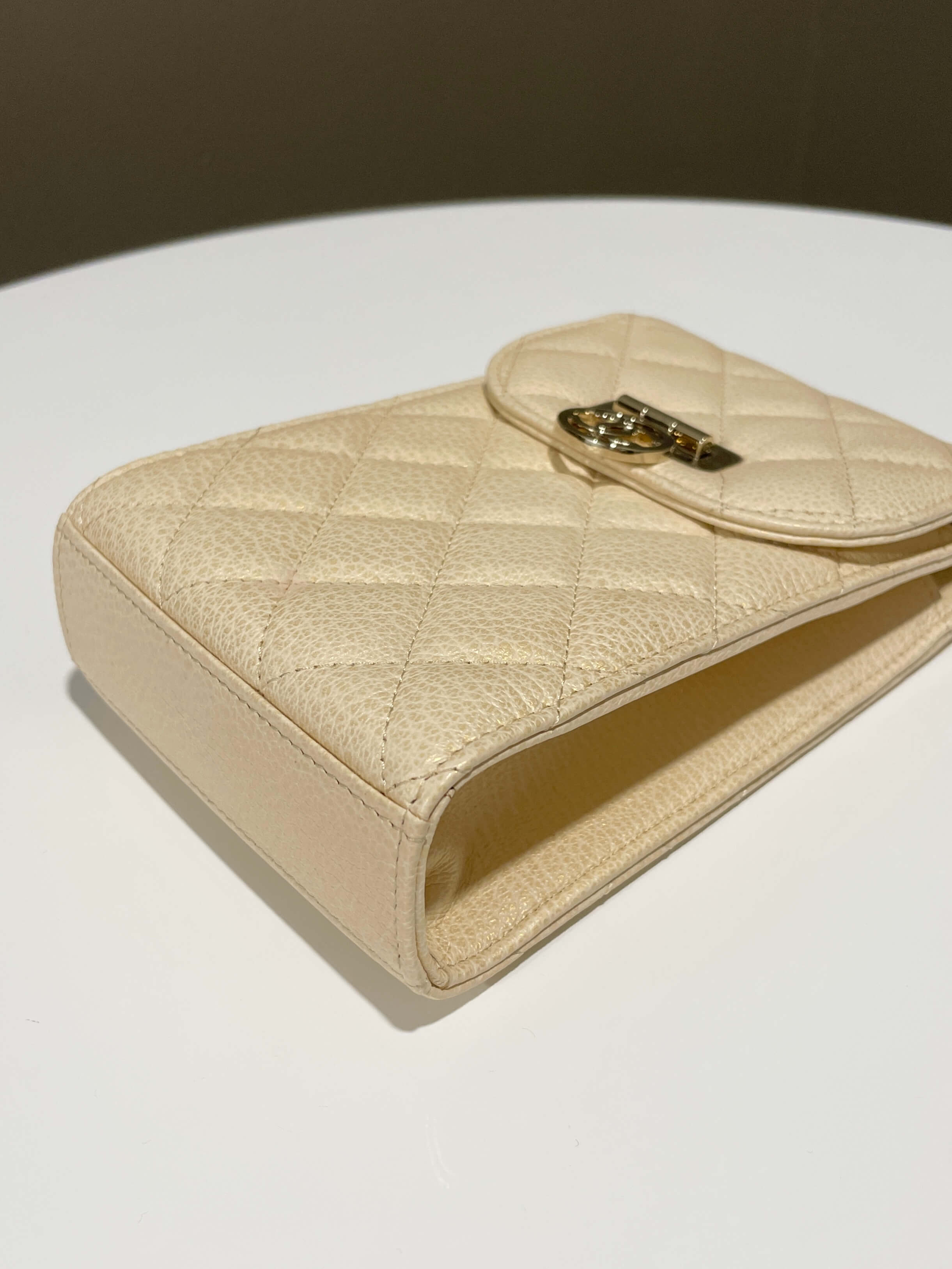 Chanel Quilted Cc Vertical Phone Clutch On Chain Iridescent Champagne Caviar