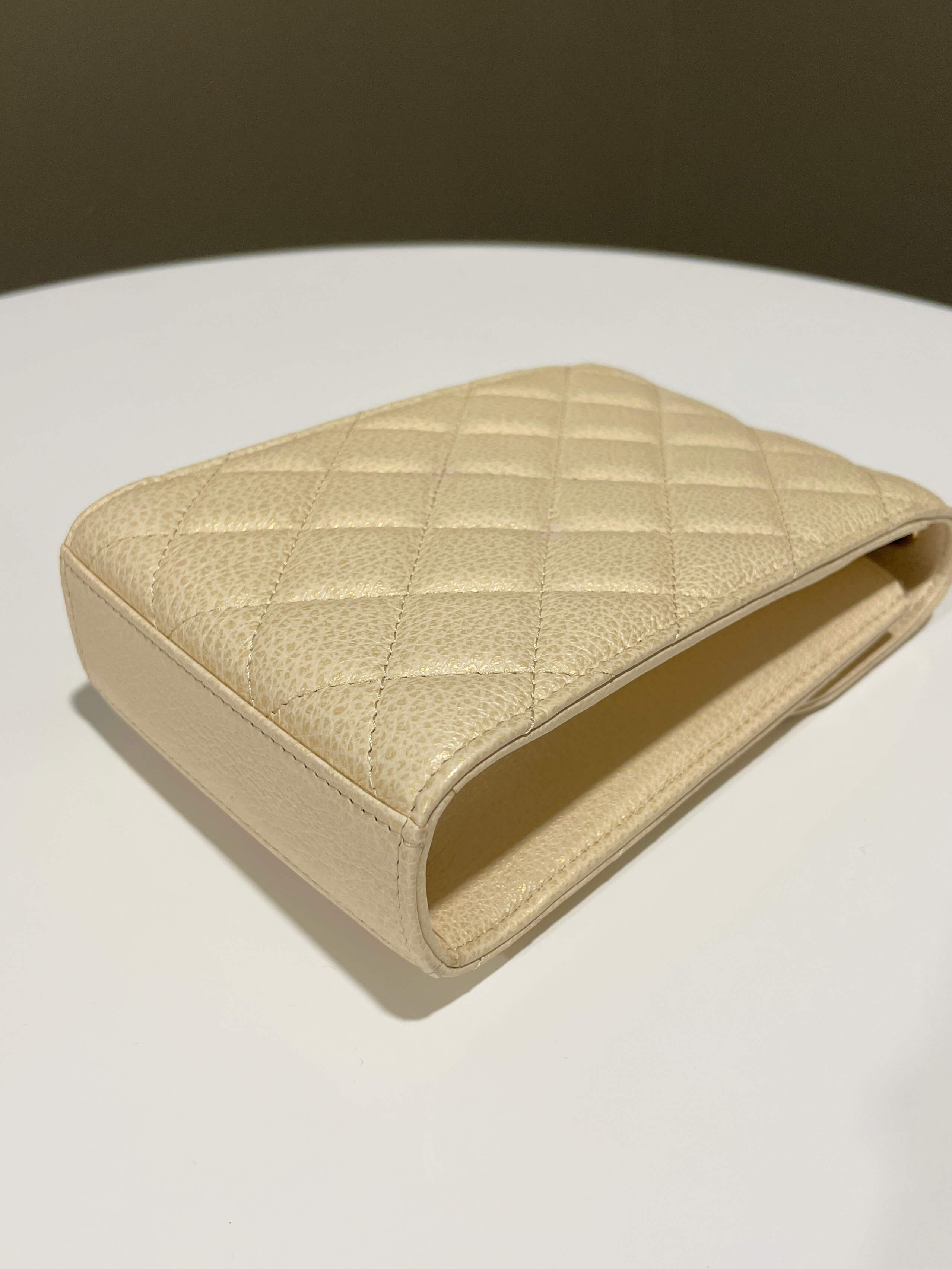 Chanel Quilted Cc Vertical Phone Clutch On Chain Iridescent Champagne Caviar