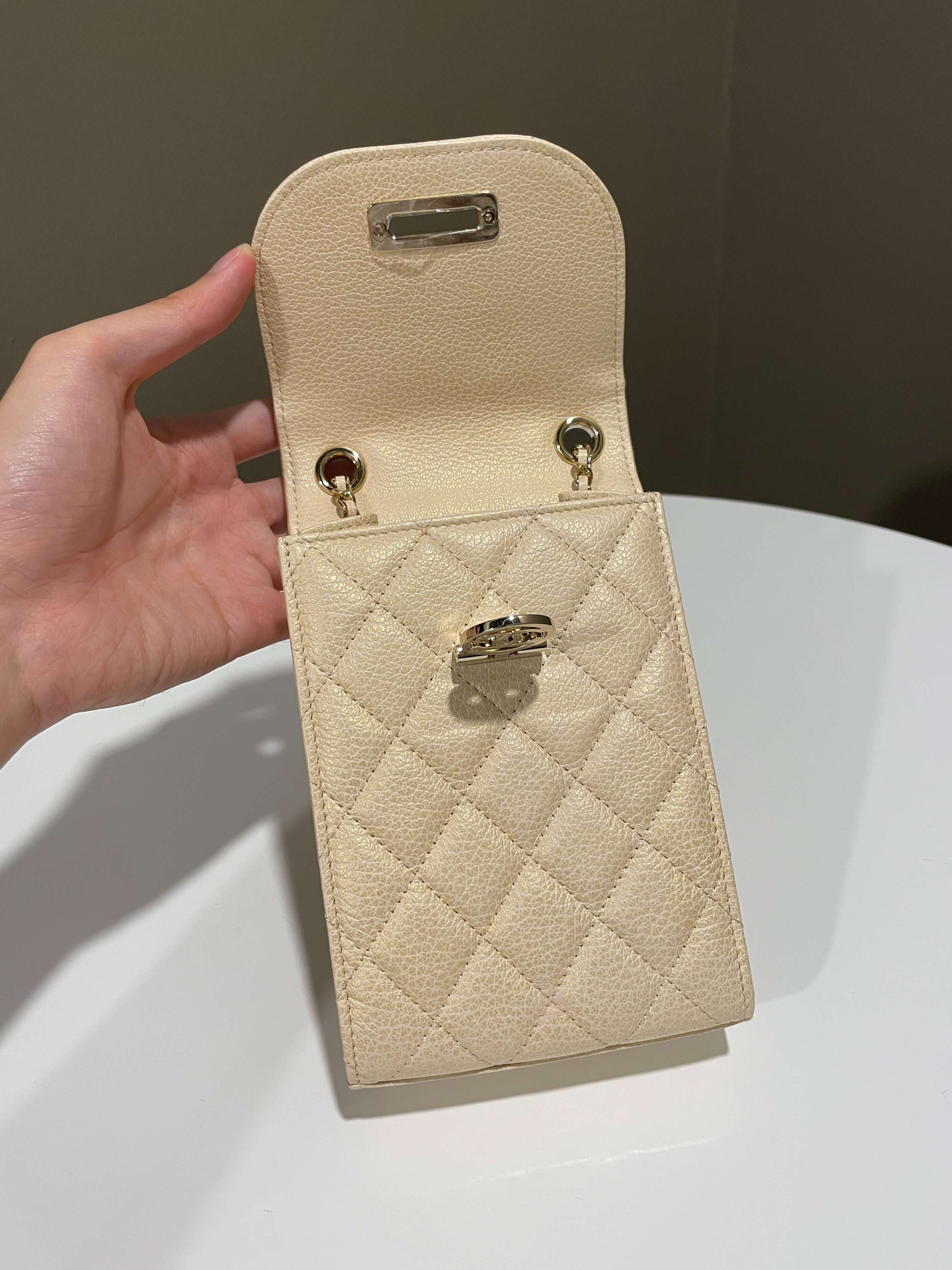 Chanel Quilted Cc Vertical Phone Clutch On Chain Iridescent Champagne Caviar