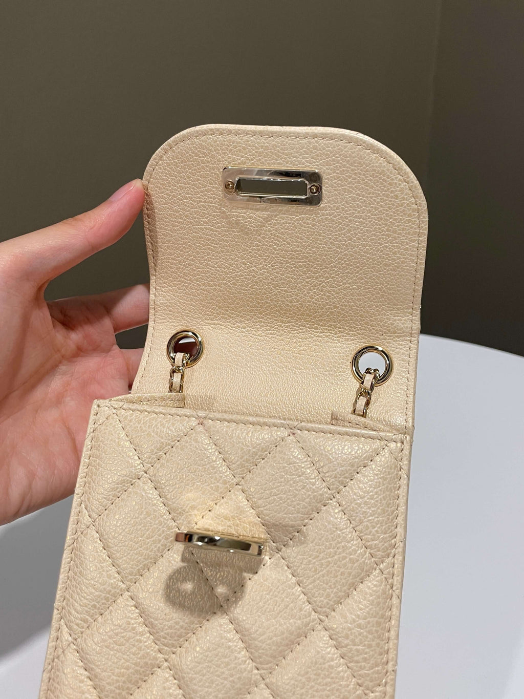Chanel Quilted Cc Vertical Phone Clutch On Chain Iridescent Champagne Caviar