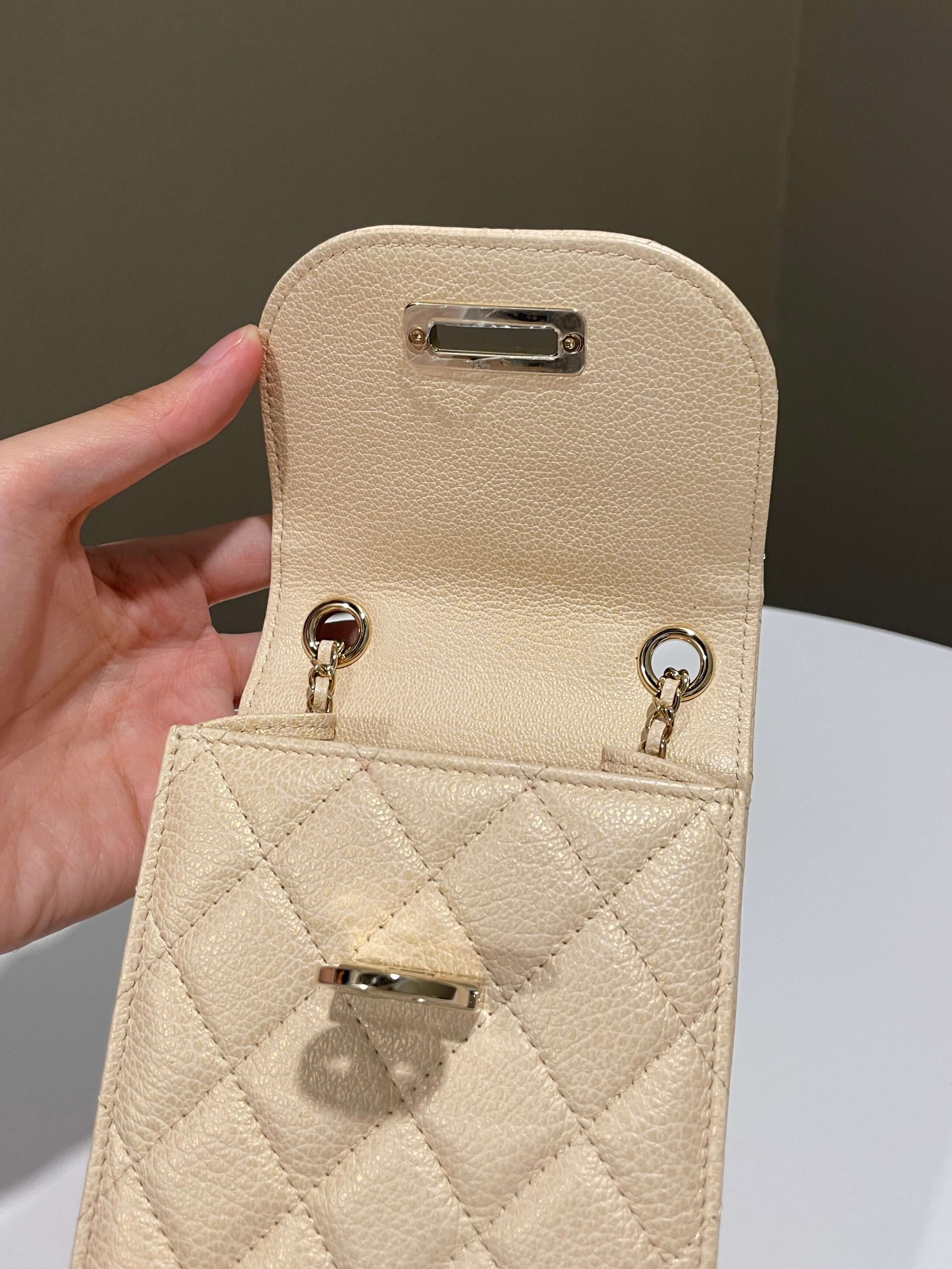 Chanel Quilted Cc Vertical Phone Clutch On Chain Iridescent Champagne Caviar