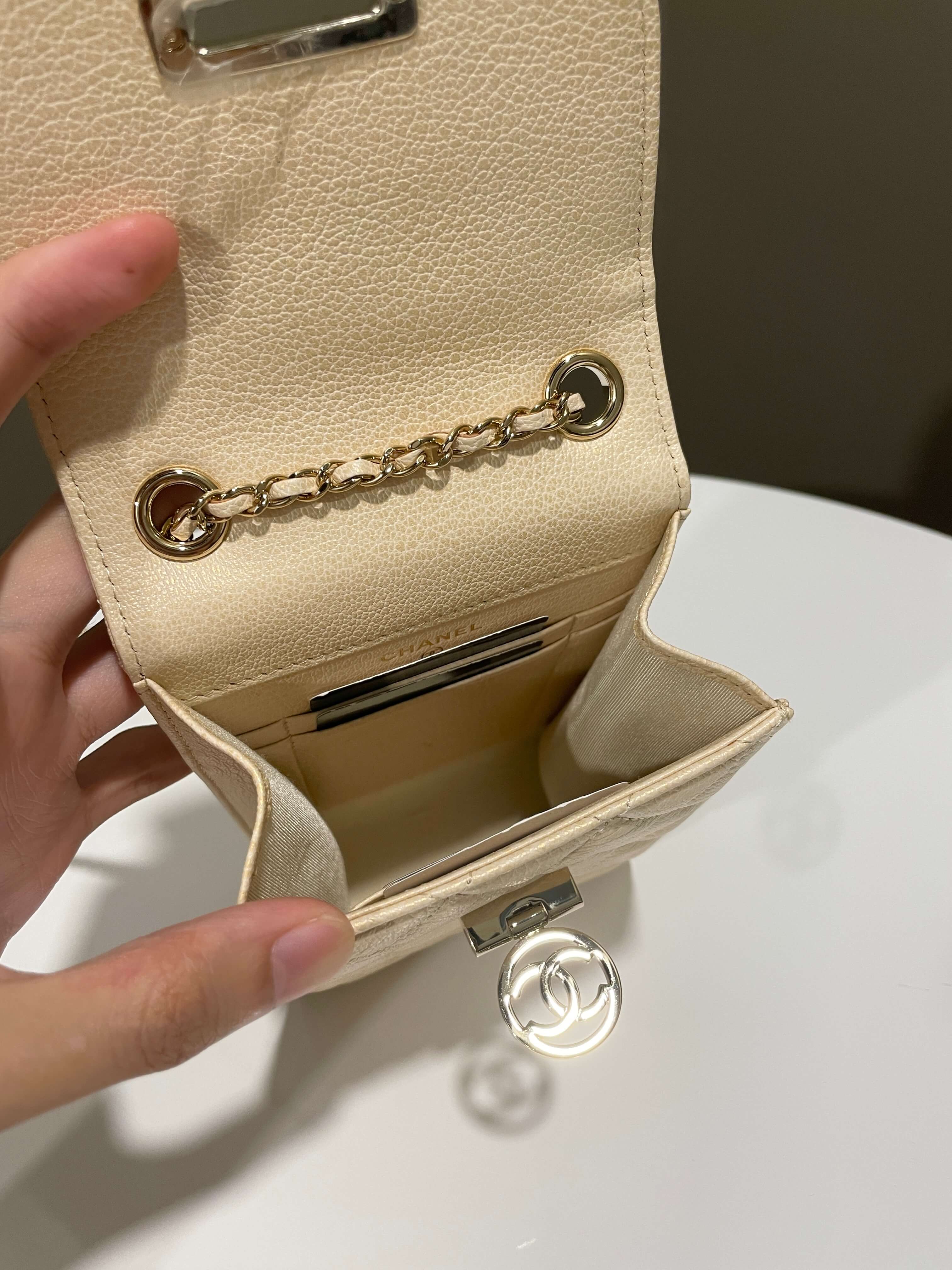 Chanel Quilted Cc Vertical Phone Clutch On Chain Iridescent Champagne Caviar