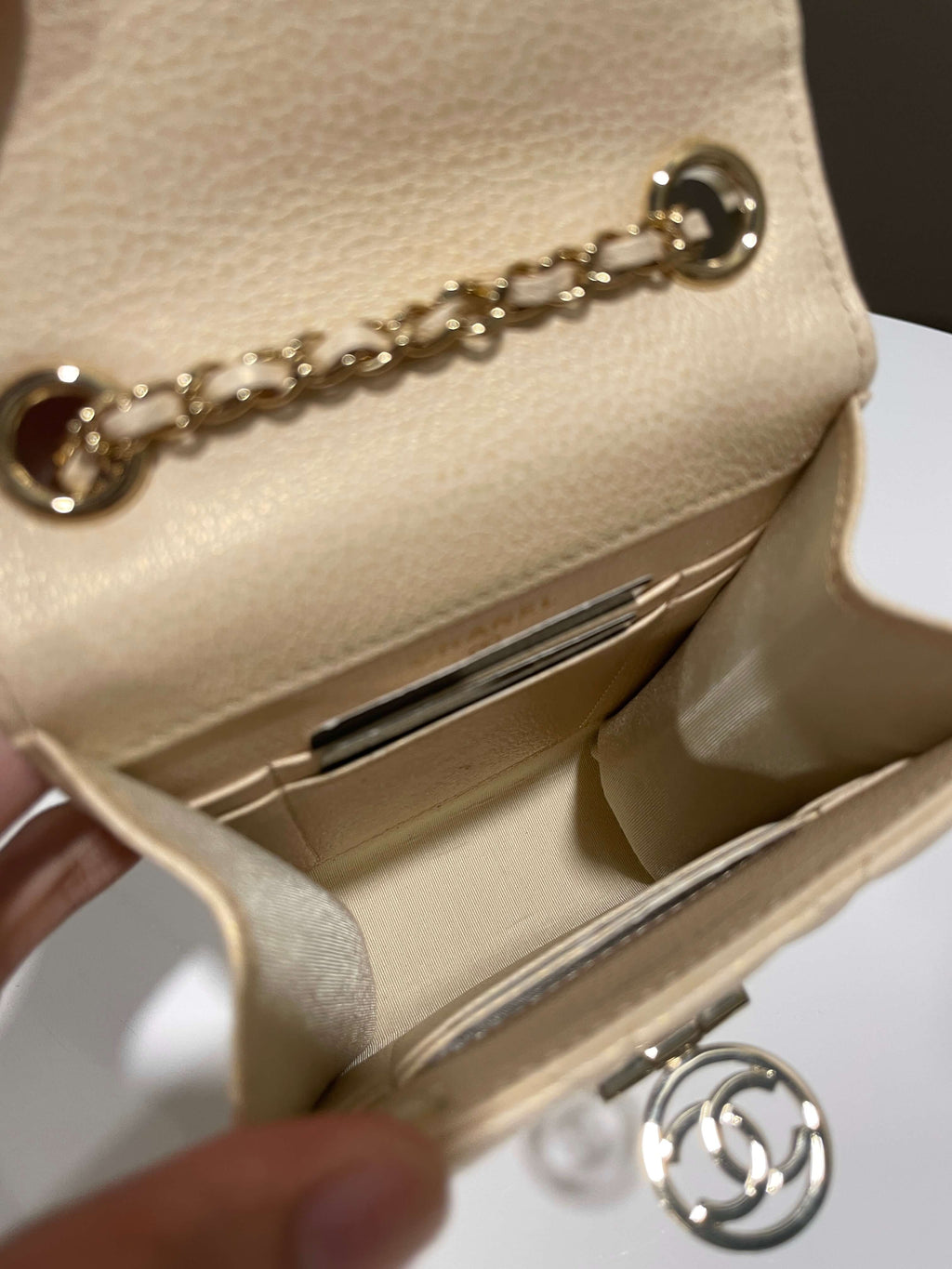 Chanel Quilted Cc Vertical Phone Clutch On Chain Iridescent Champagne Caviar