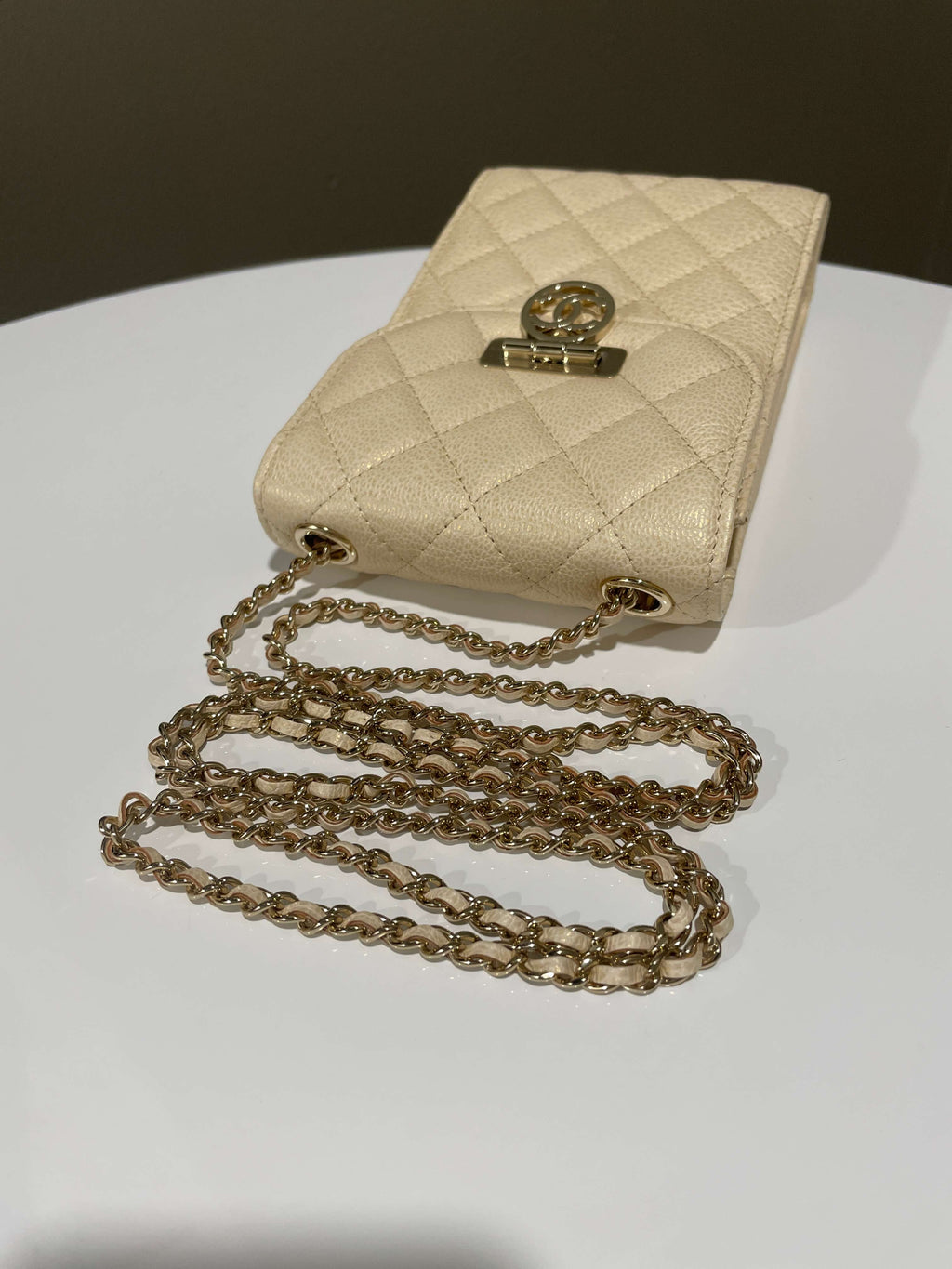 Chanel Quilted Cc Vertical Phone Clutch On Chain Iridescent Champagne Caviar