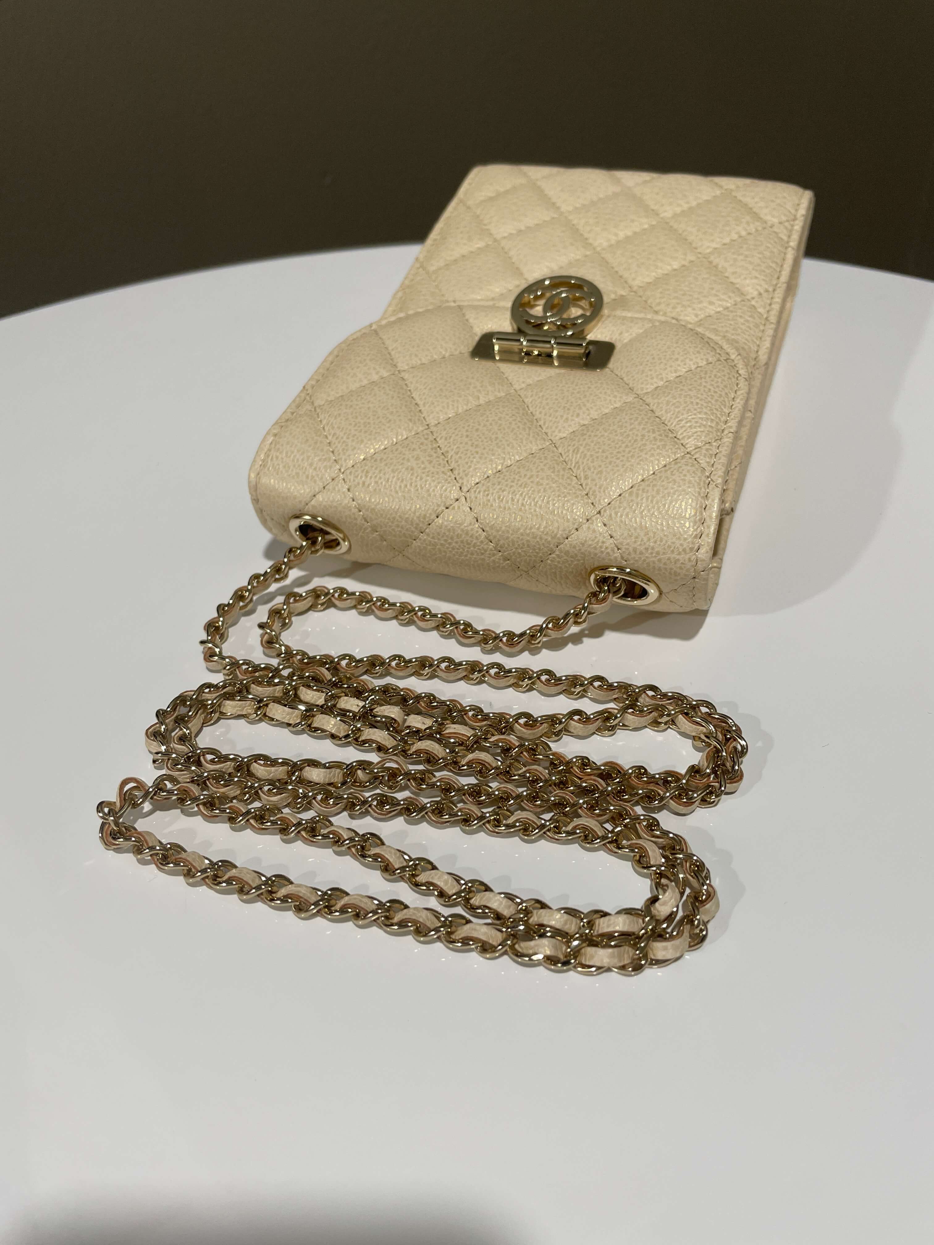 Chanel Quilted Cc Vertical Phone Clutch On Chain Iridescent Champagne Caviar