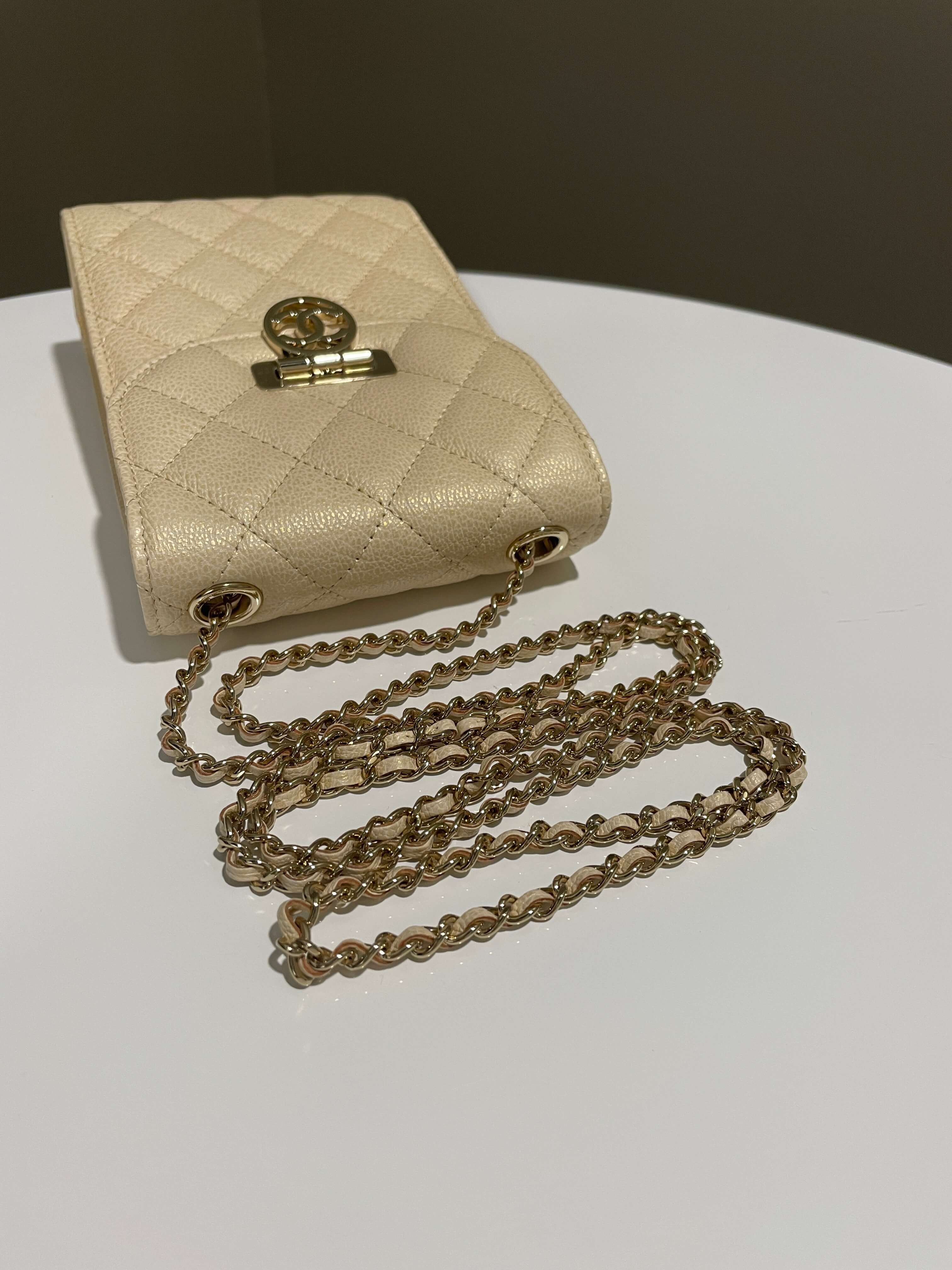 Chanel Quilted Cc Vertical Phone Clutch On Chain Iridescent Champagne Caviar