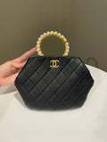 Chanel Quilted Cc Pearl Crown Clutch Bag Black Lambskin