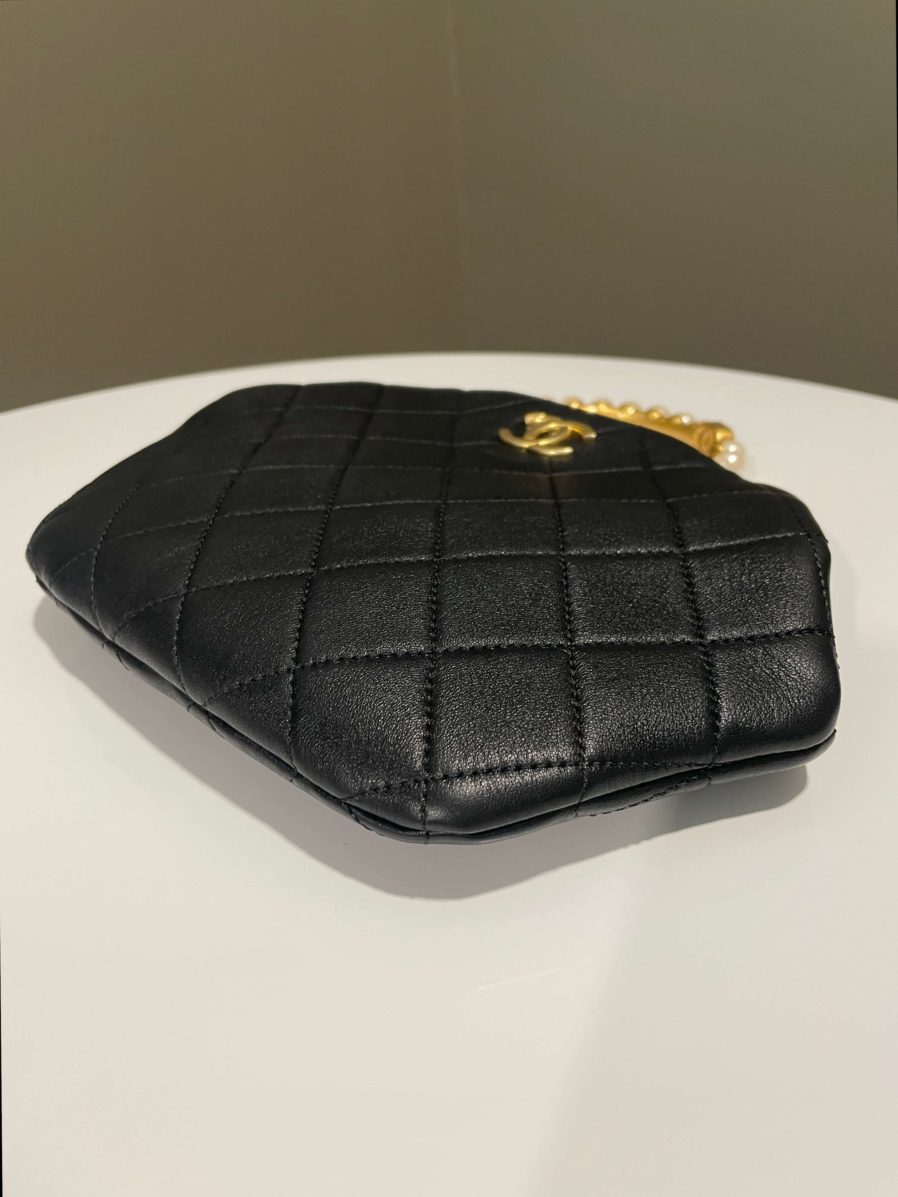 Chanel Quilted Cc Pearl Crown Clutch Bag Black Lambskin