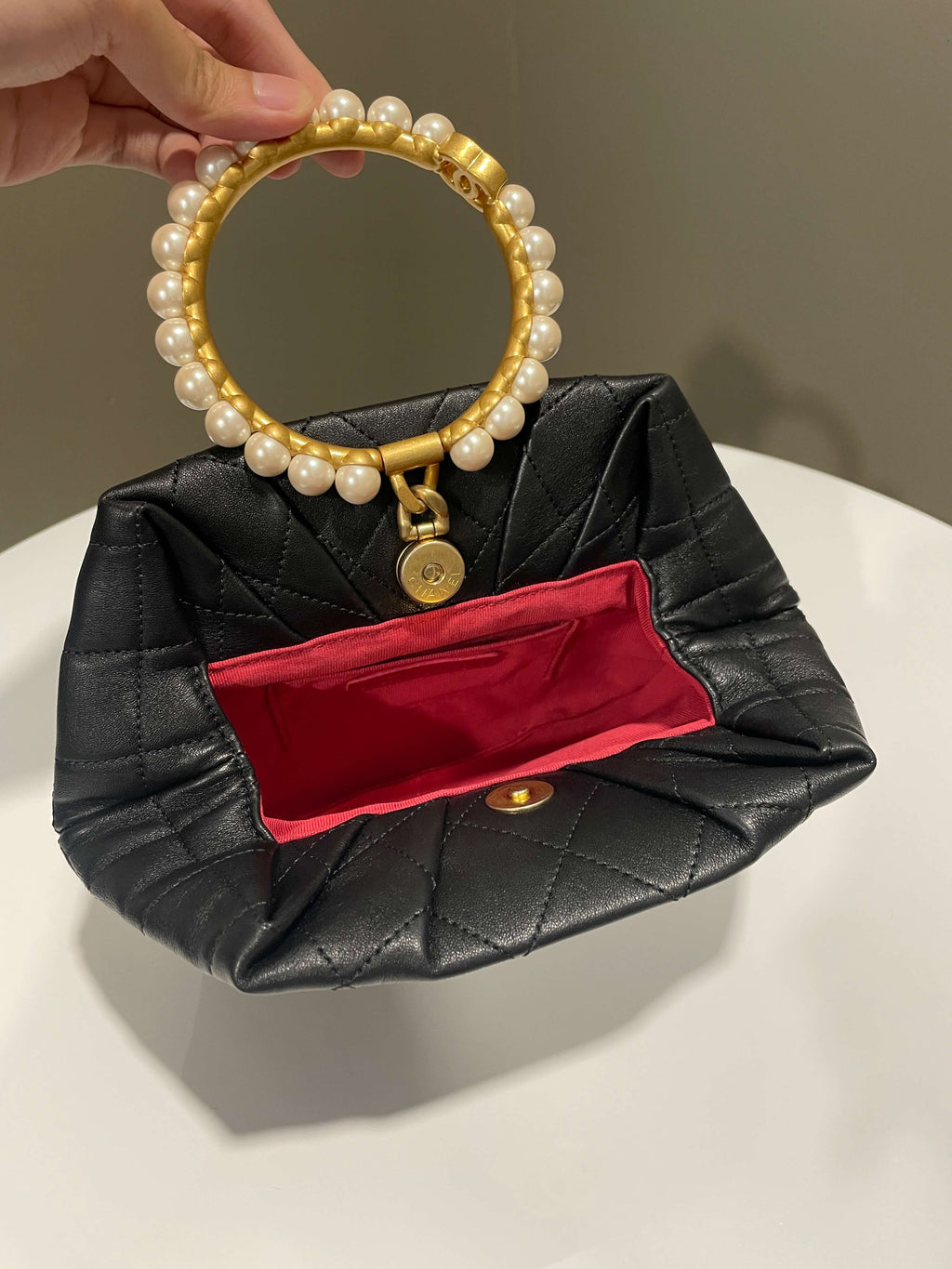 Chanel Quilted Cc Pearl Crown Clutch Bag Black Lambskin
