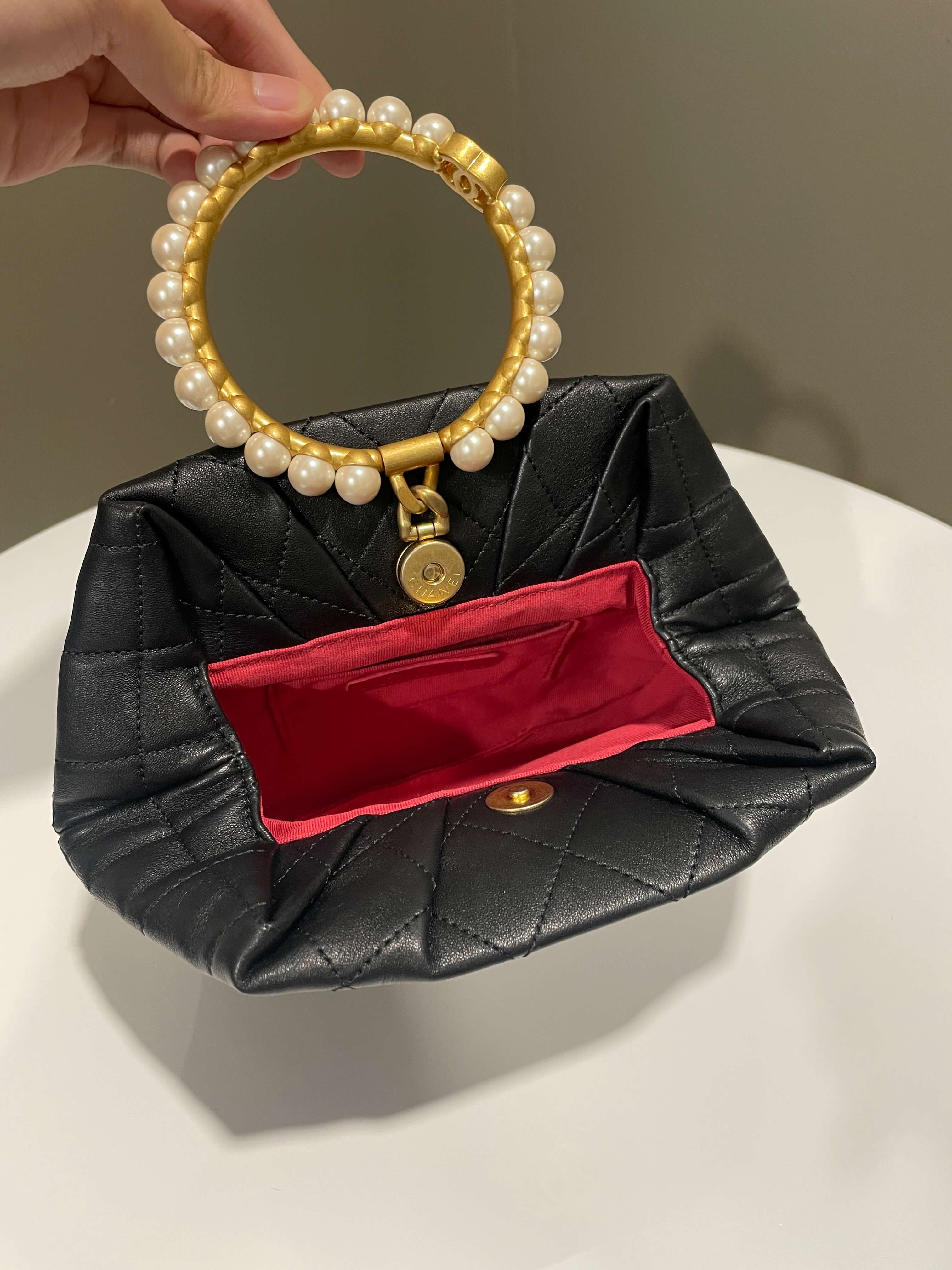 Chanel Quilted Cc Pearl Crown Clutch Bag Black Lambskin