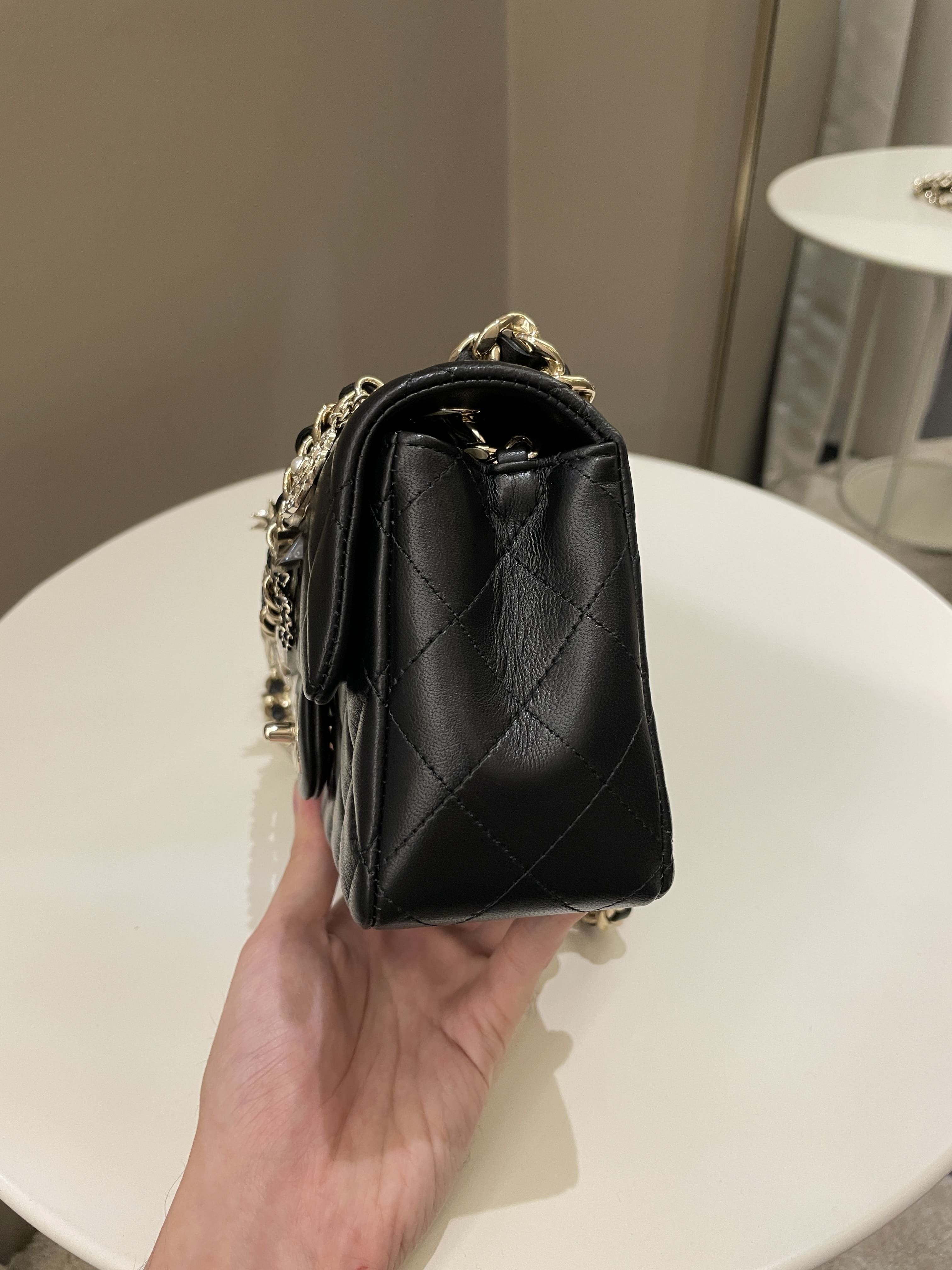 Chanel Quilted Mini Coco Charms Rectangular Flap Black Lambskin