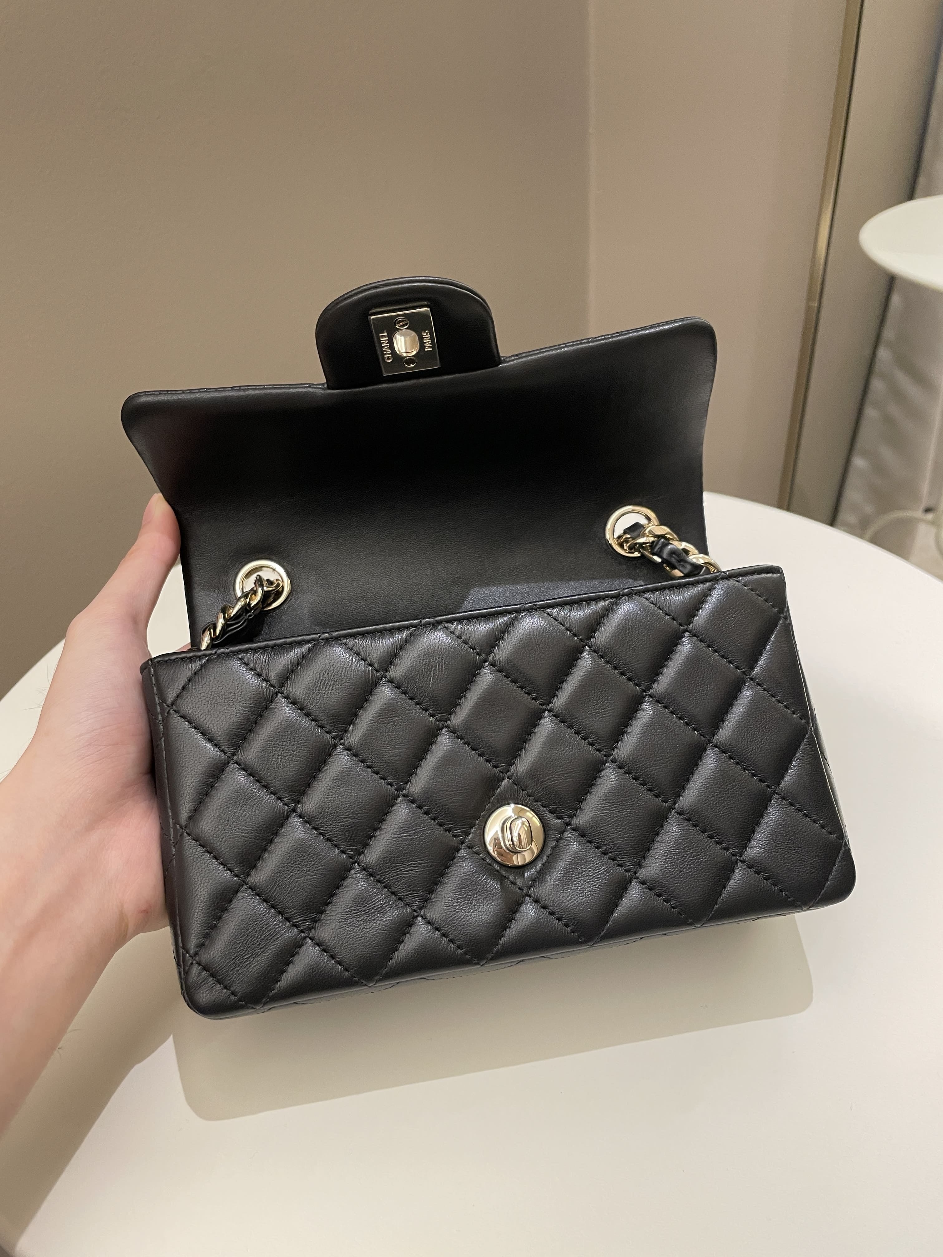 Chanel Quilted Mini Coco Charms Rectangular Flap Black Lambskin