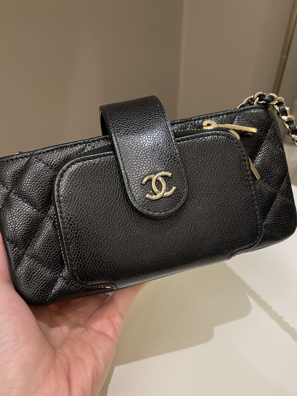 Chanel 22B Quilted Phone Holder With Chain Black Caviar