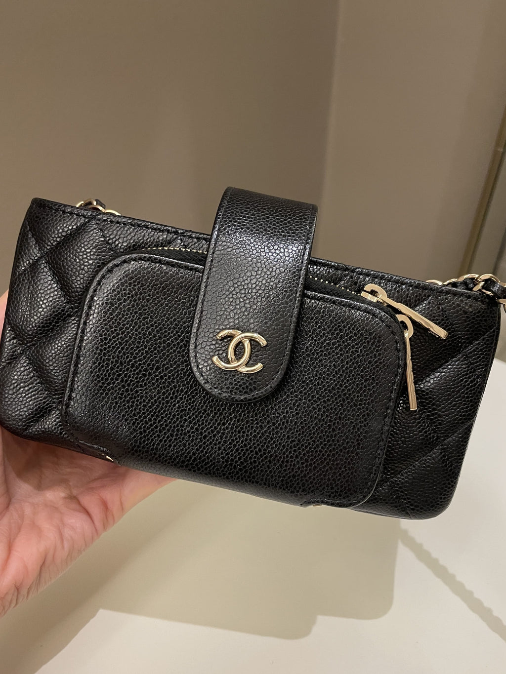 Chanel 22B Quilted Phone Holder With Chain Black Caviar