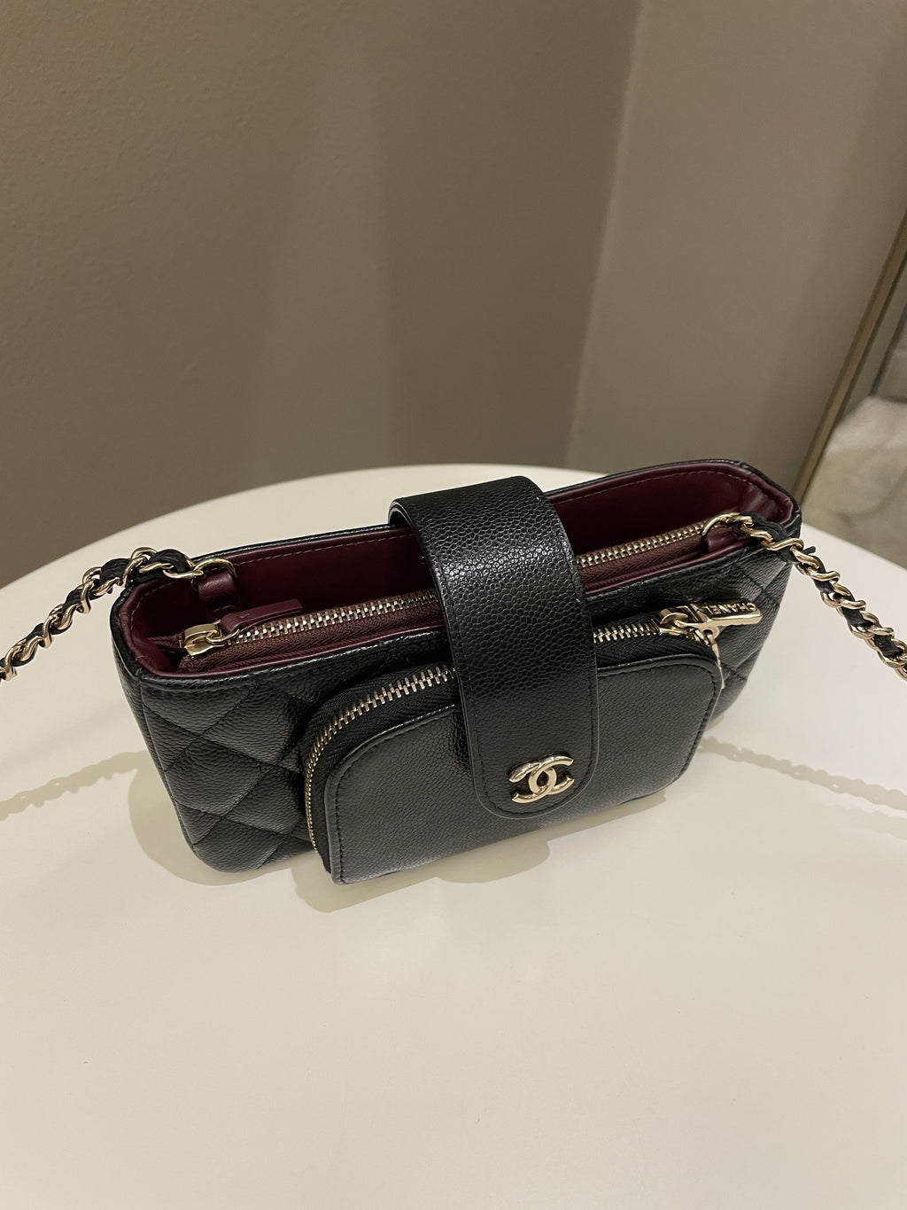 Chanel 22B Quilted Phone Holder With Chain Black Caviar