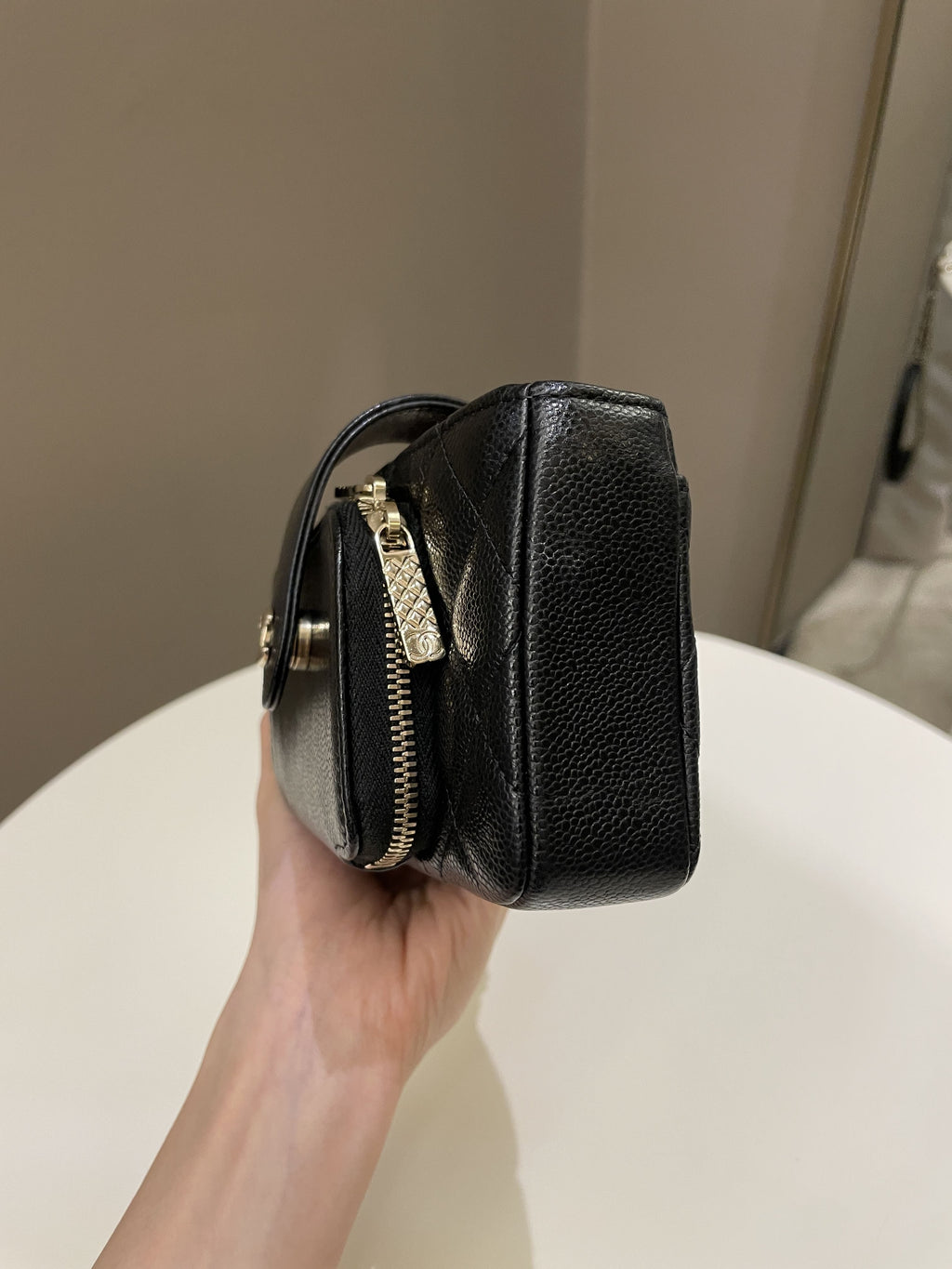 Chanel 22B Quilted Phone Holder With Chain Black Caviar