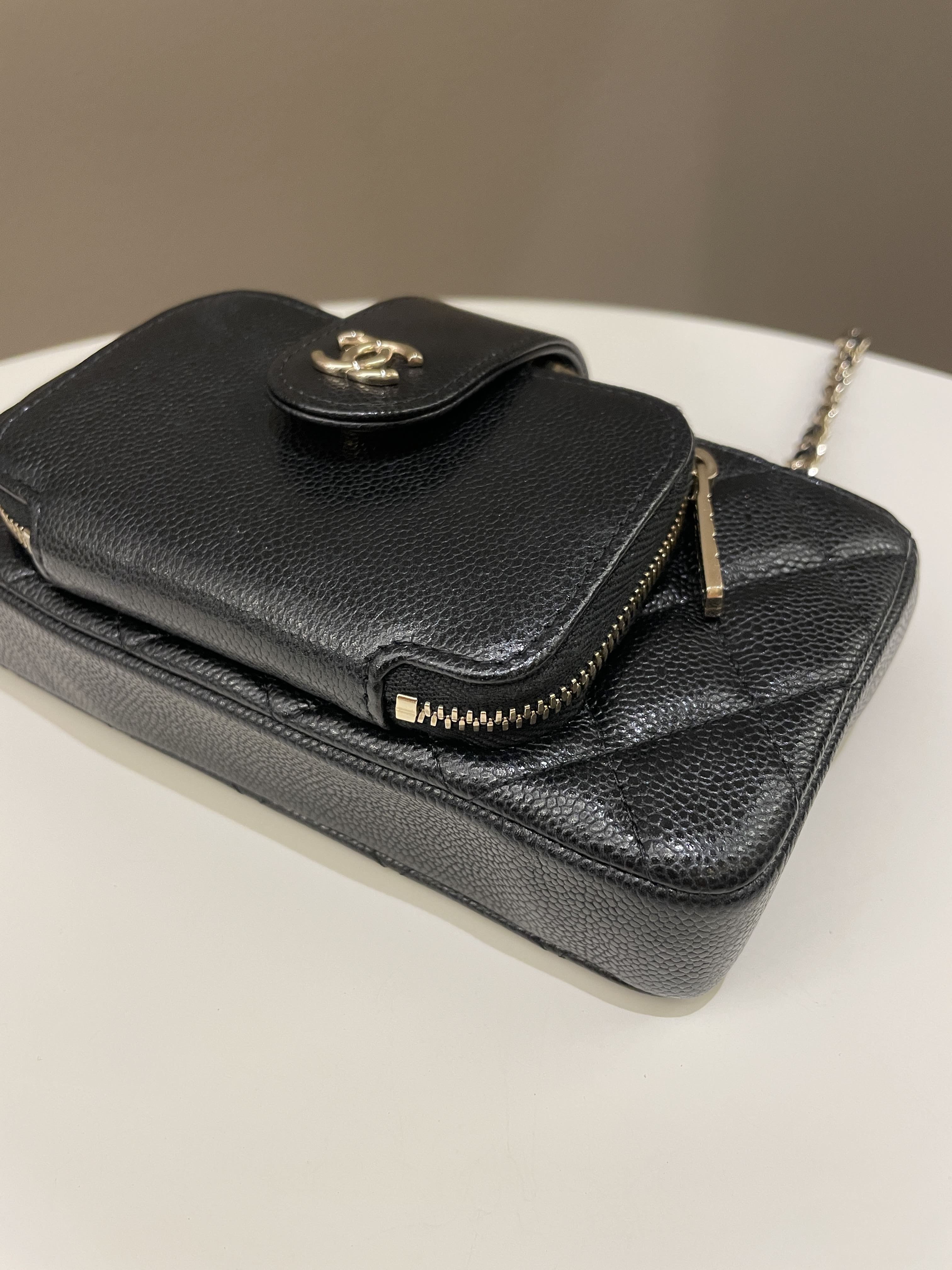 Chanel 22B Quilted Phone Holder With Chain Black Caviar