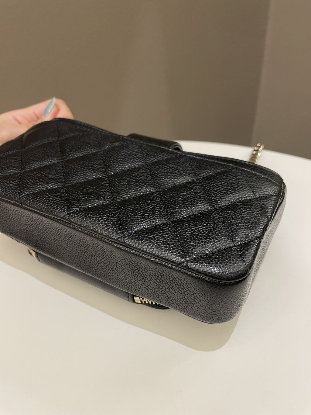 Chanel 22B Quilted Phone Holder With Chain Black Caviar