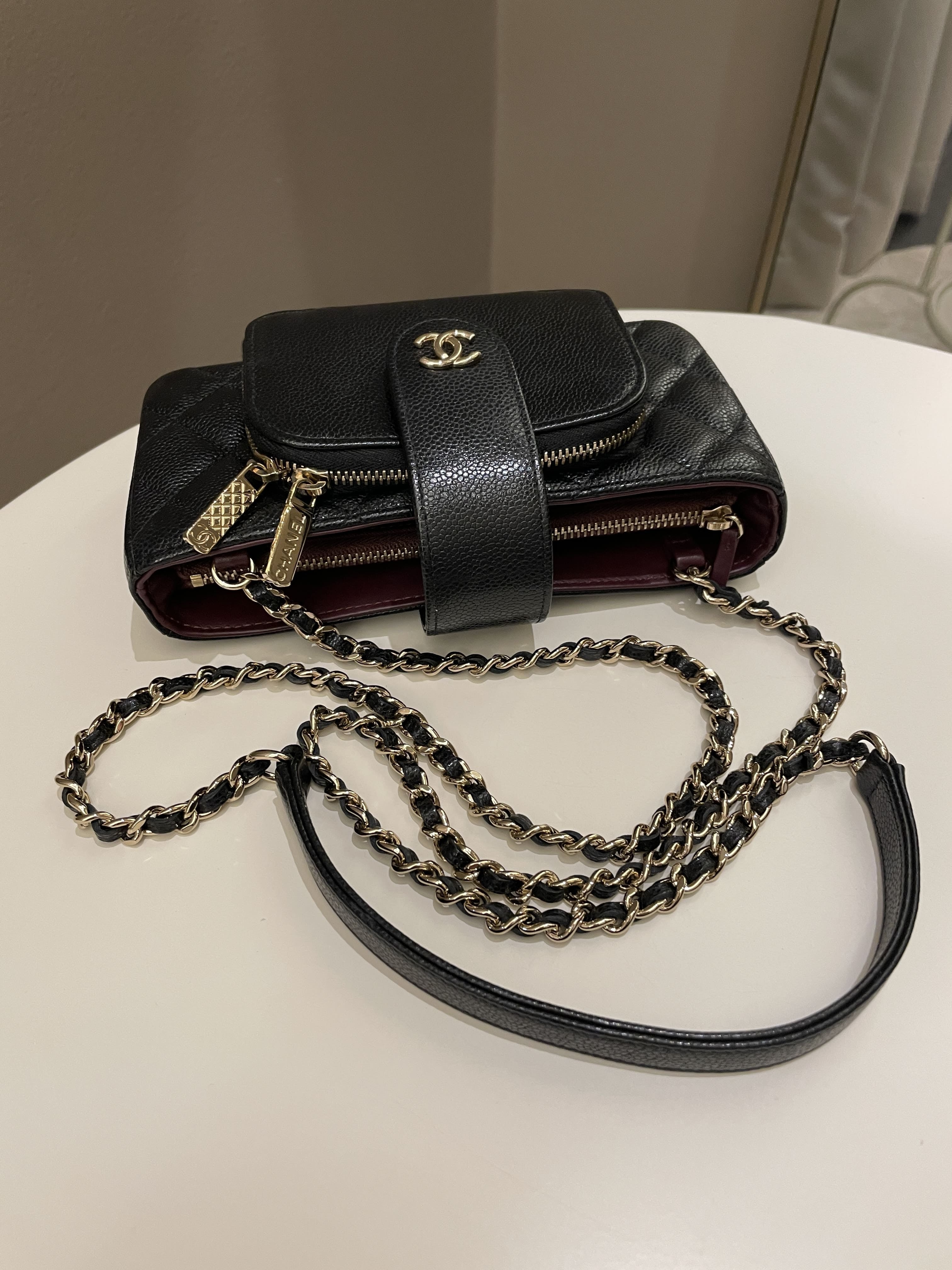 Chanel 22B Quilted Phone Holder With Chain Black Caviar