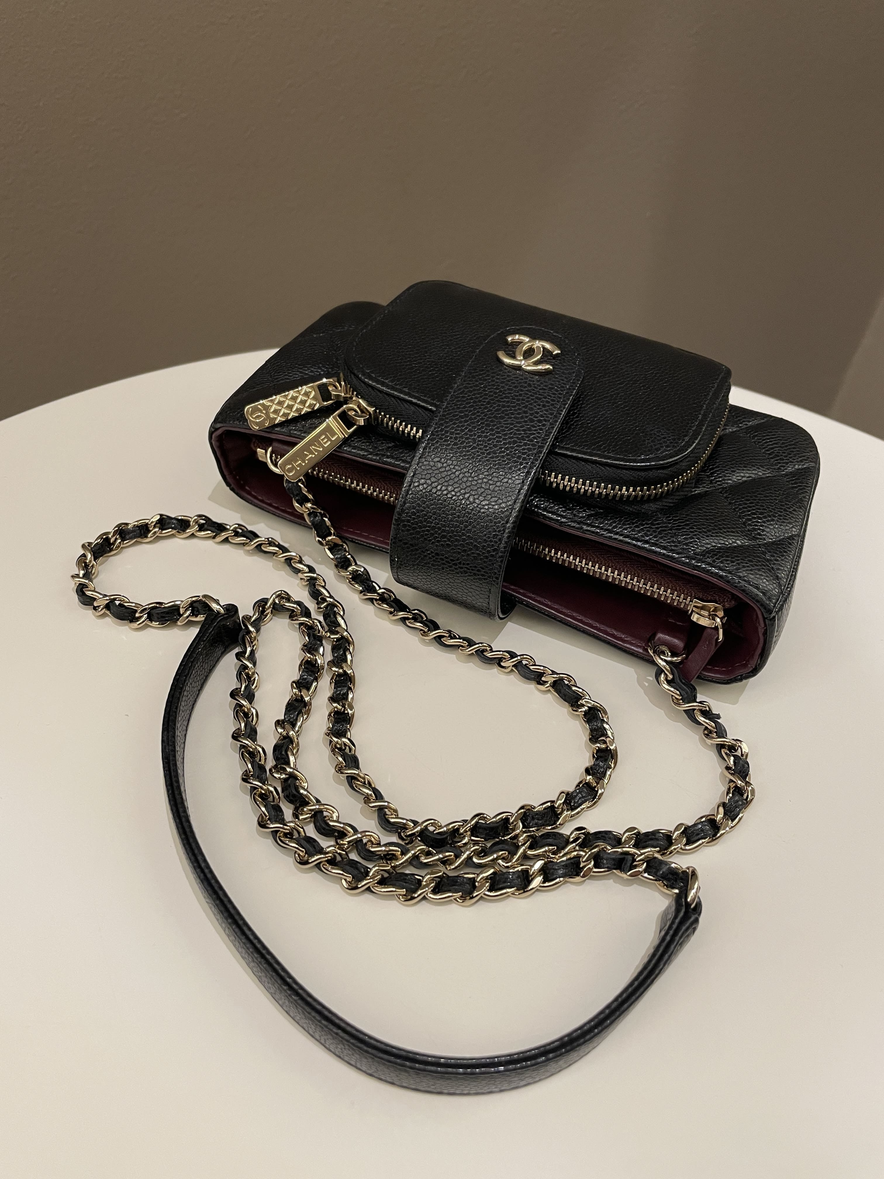 Chanel 22B Quilted Phone Holder With Chain Black Caviar