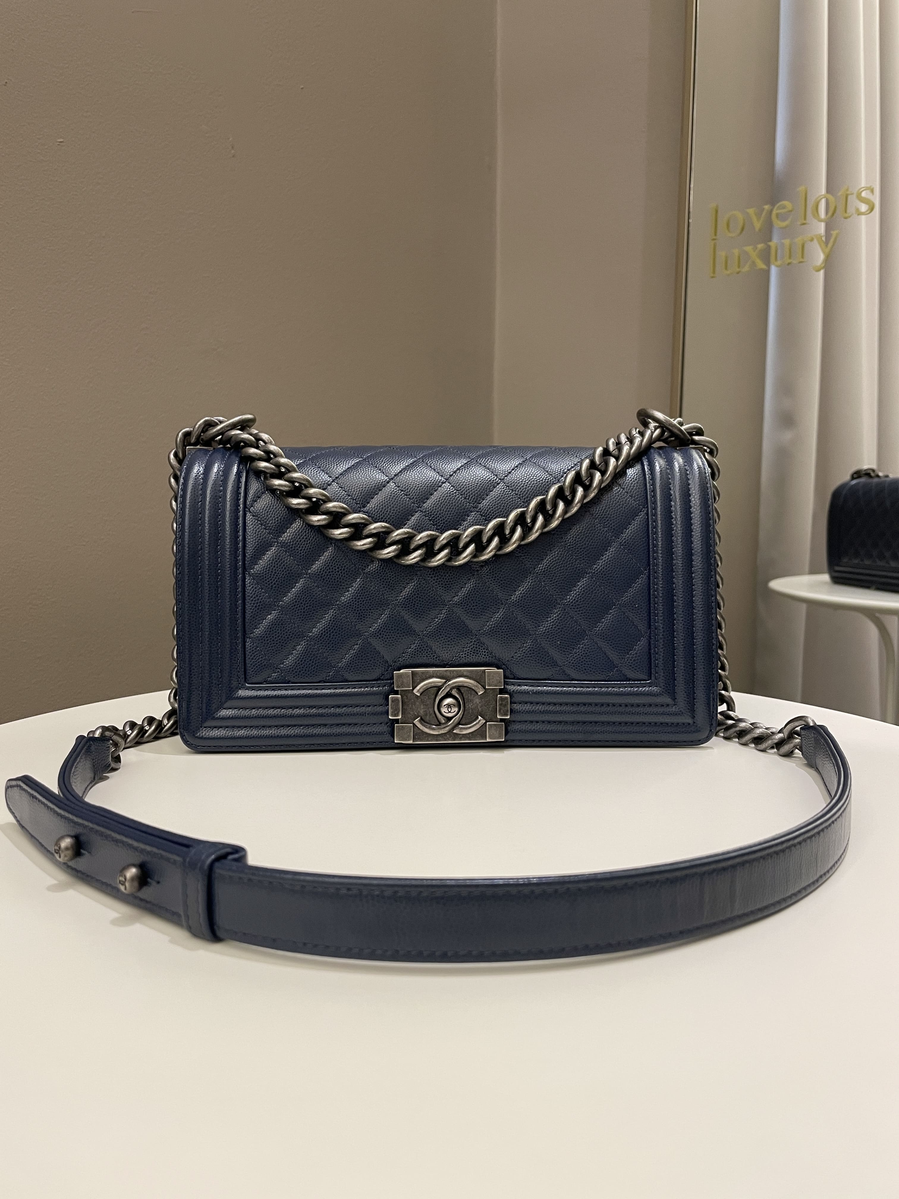 Chanel Quilted Boy Old Medium Navy Caviar