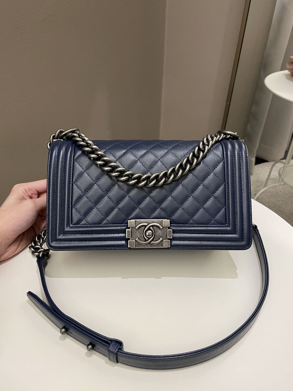 Chanel Quilted Boy Old Medium Navy Caviar