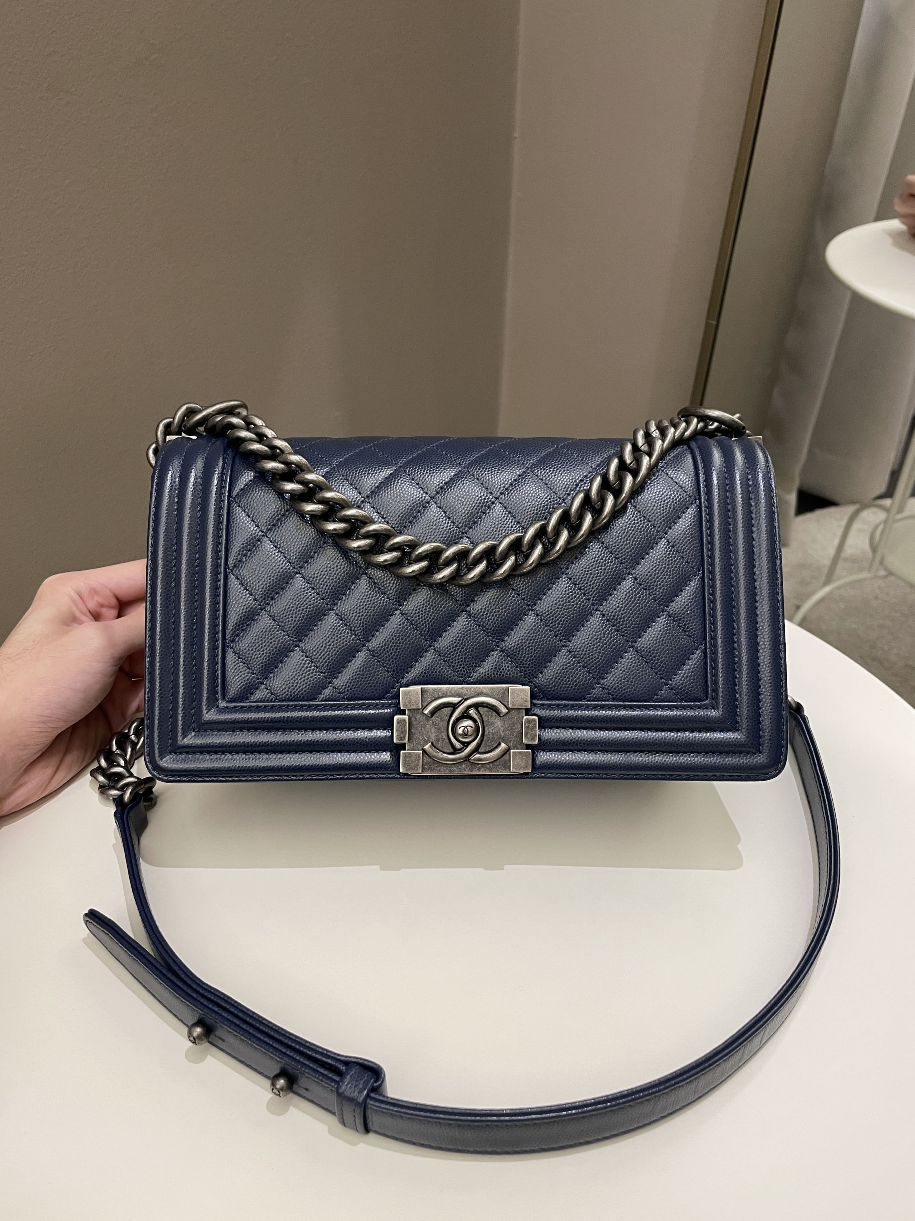 Chanel Quilted Boy Old Medium Navy Caviar